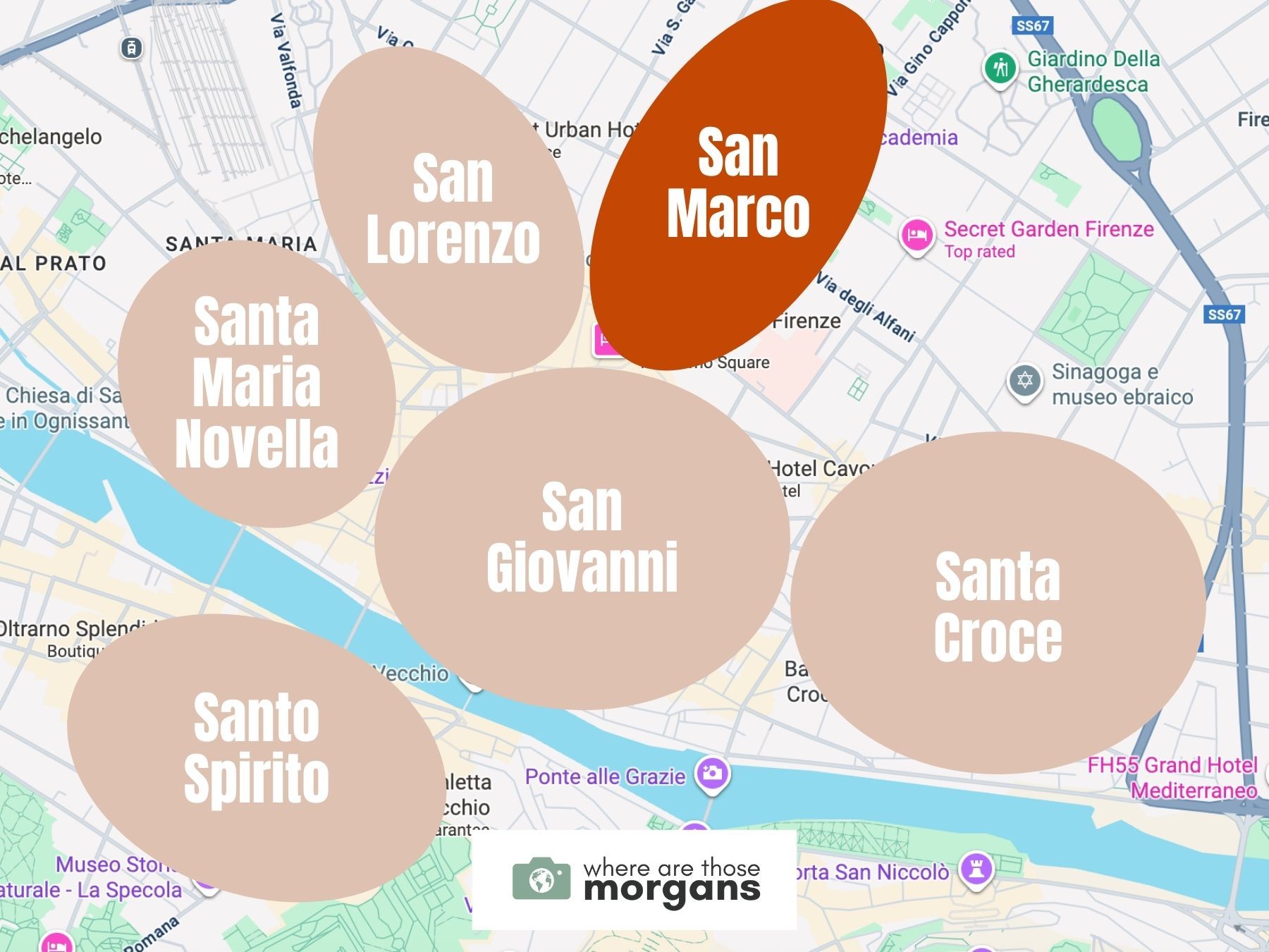 Map highlighting the San Marco neighborhood among 5 others in Florence