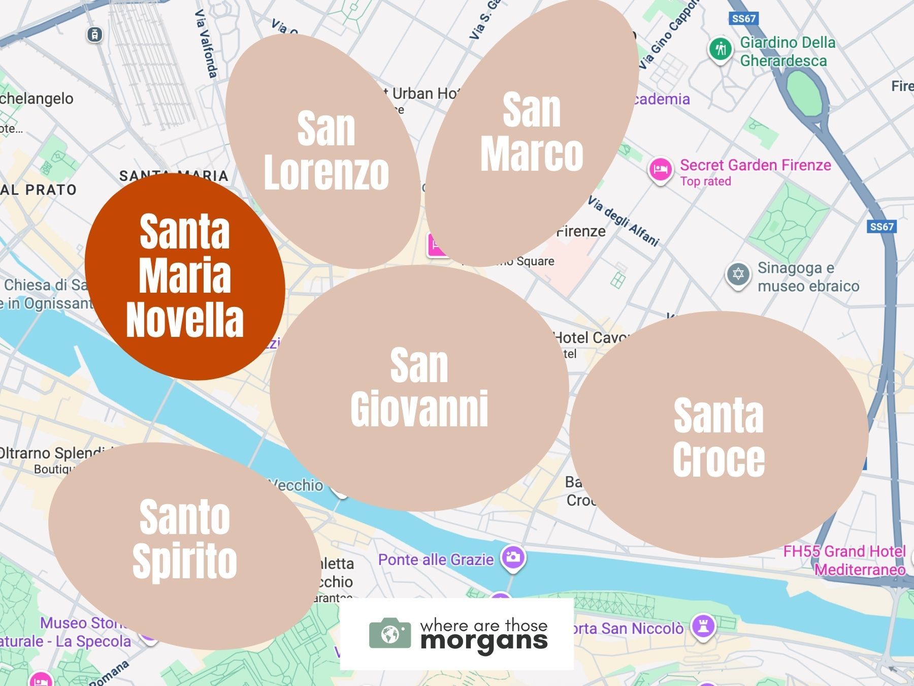 Map highlighting the Santa Maria Novella neighborhood among 5 others in Florence