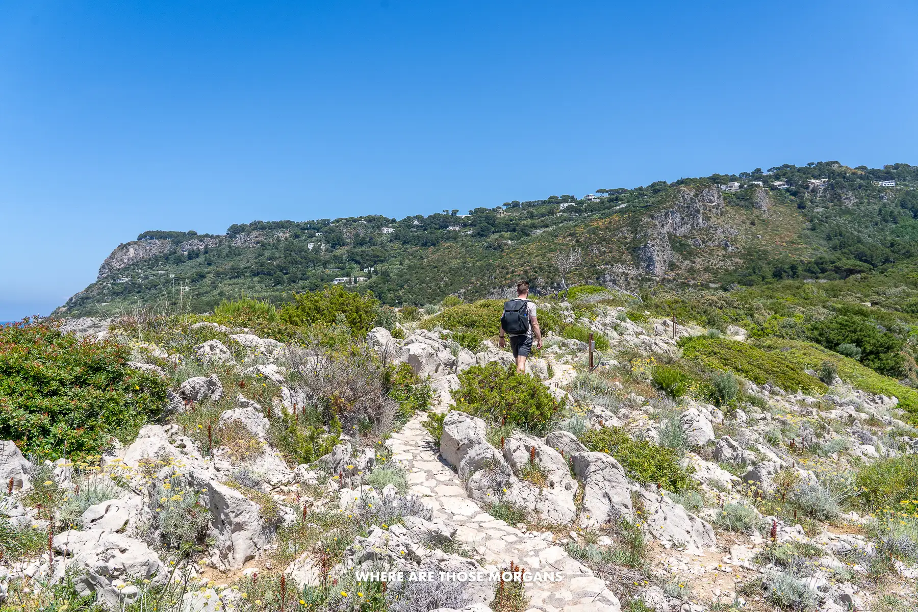 Photo of Mark from Where Are Those Morgans hiking the Sentiero dei Fortini in Capri on a rocky path