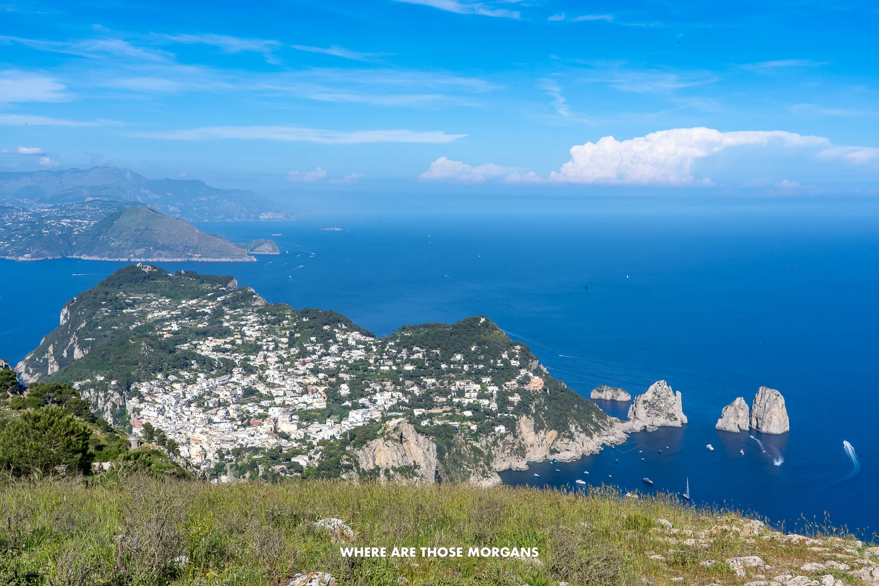 Photo looking down over Capri and the sea from the highest point on the island