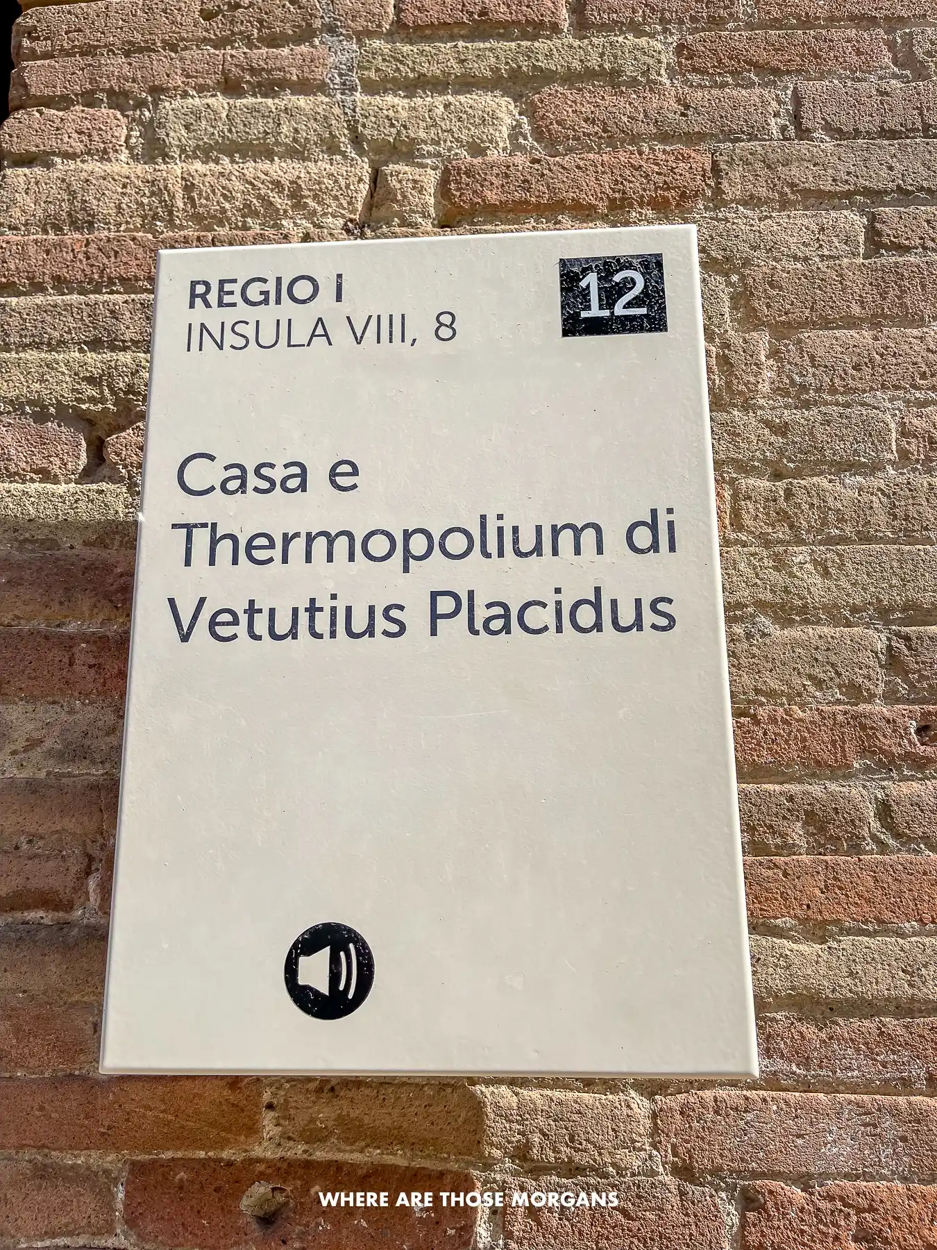 Photo of a white information plaque on a brick wall with the name of a ruin site and audio guide number