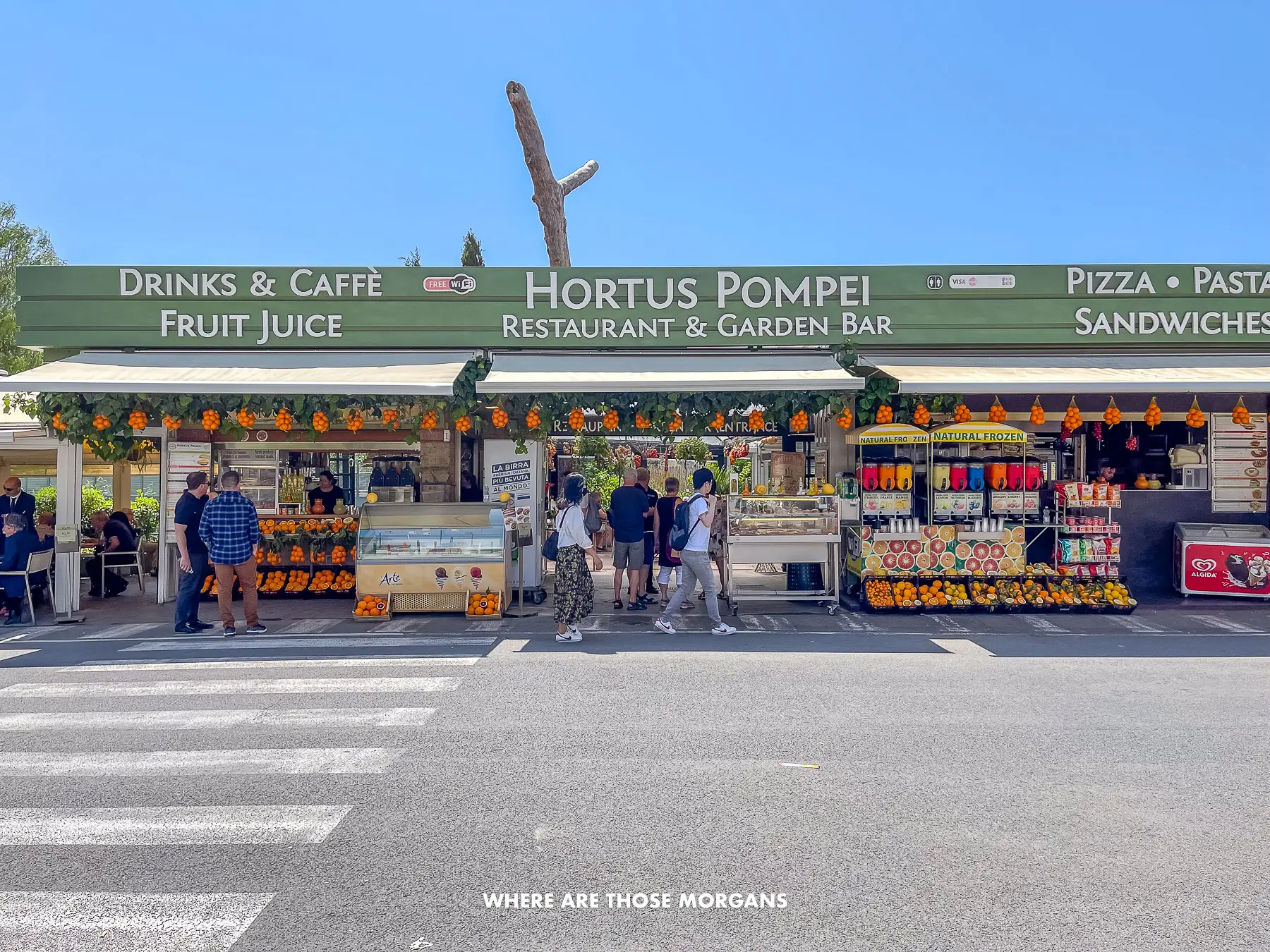 Photo of a restaurant and snack bar behind a road with a pedestrian crossing and a blue sky