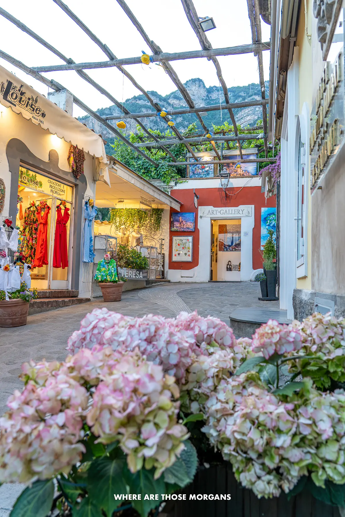 Photo of a narrow street with shops and flowers on the Amalfi Coast