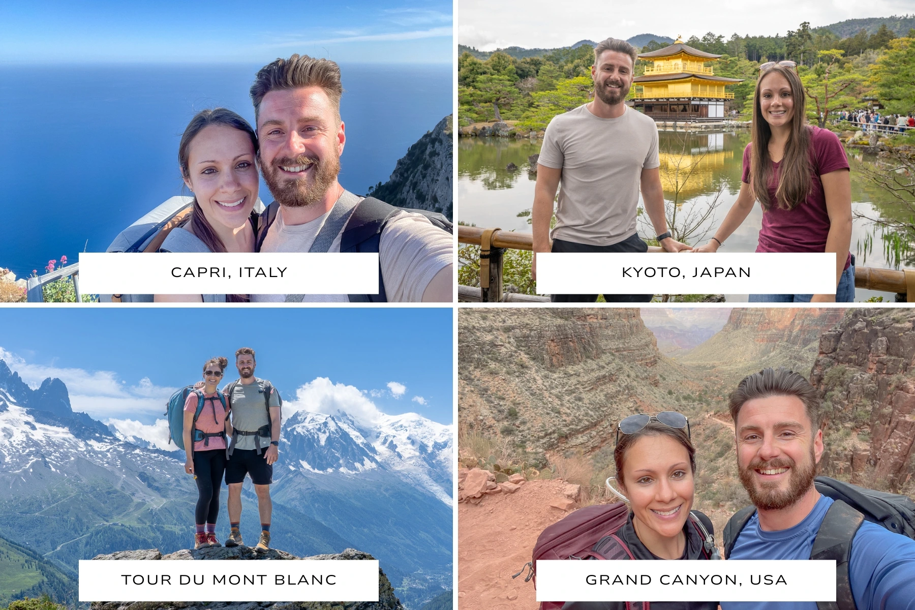 Four equal sized photos of Mark and Kristen Morgan traveling in various places around the world with white boxes and black text reading Capri, Kyoto, Grand Canyon and Tour du Mont Blanc to show experience for Where Are Those Morgans expert travel planning services page
