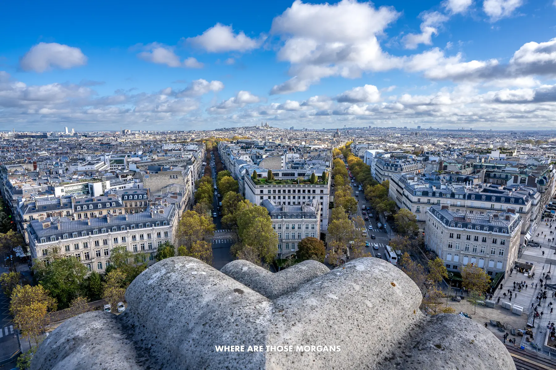 Photo of streets and buildings in Paris from high up on a sunny day