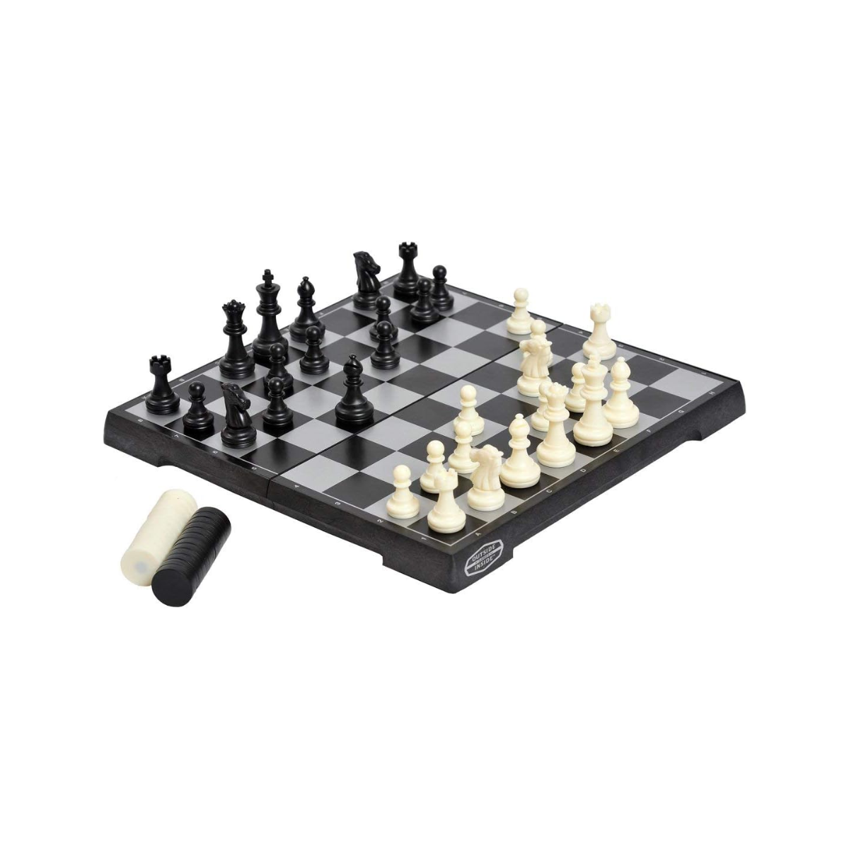 basecamp chess black and white chess pieces set up on a board