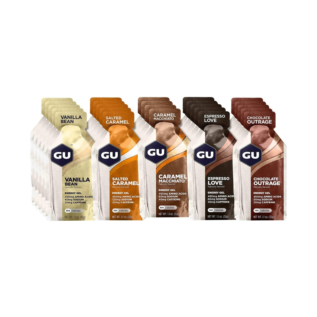 gu energy gel five different flavors of GU energy gels featuring vanilla bean, salted caramel, caramel macchiato, espresso love, chocolate outrage