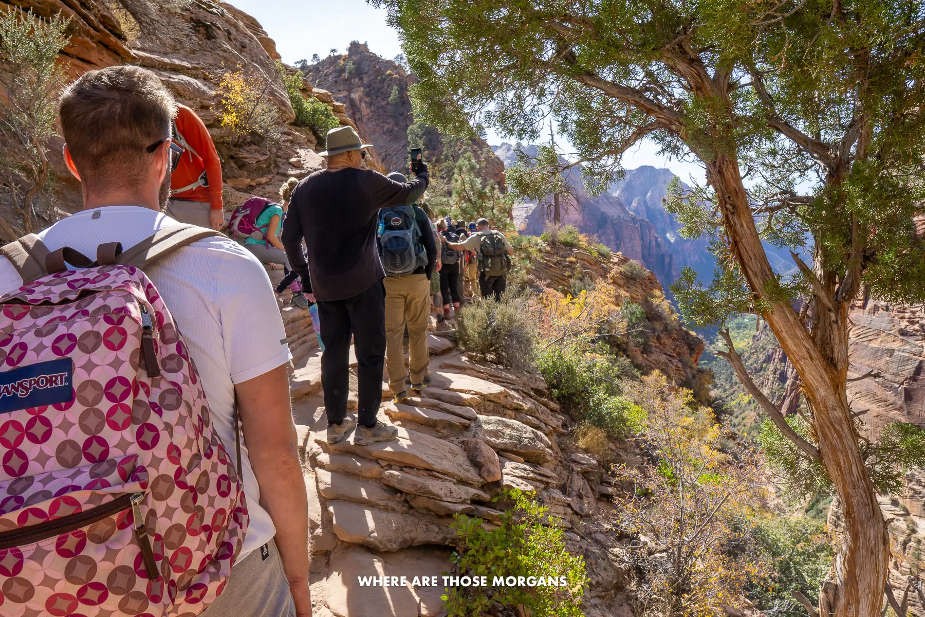 Photo of a line of hikers waiting to move forward on red rocks with chains on a sunny day in Utah