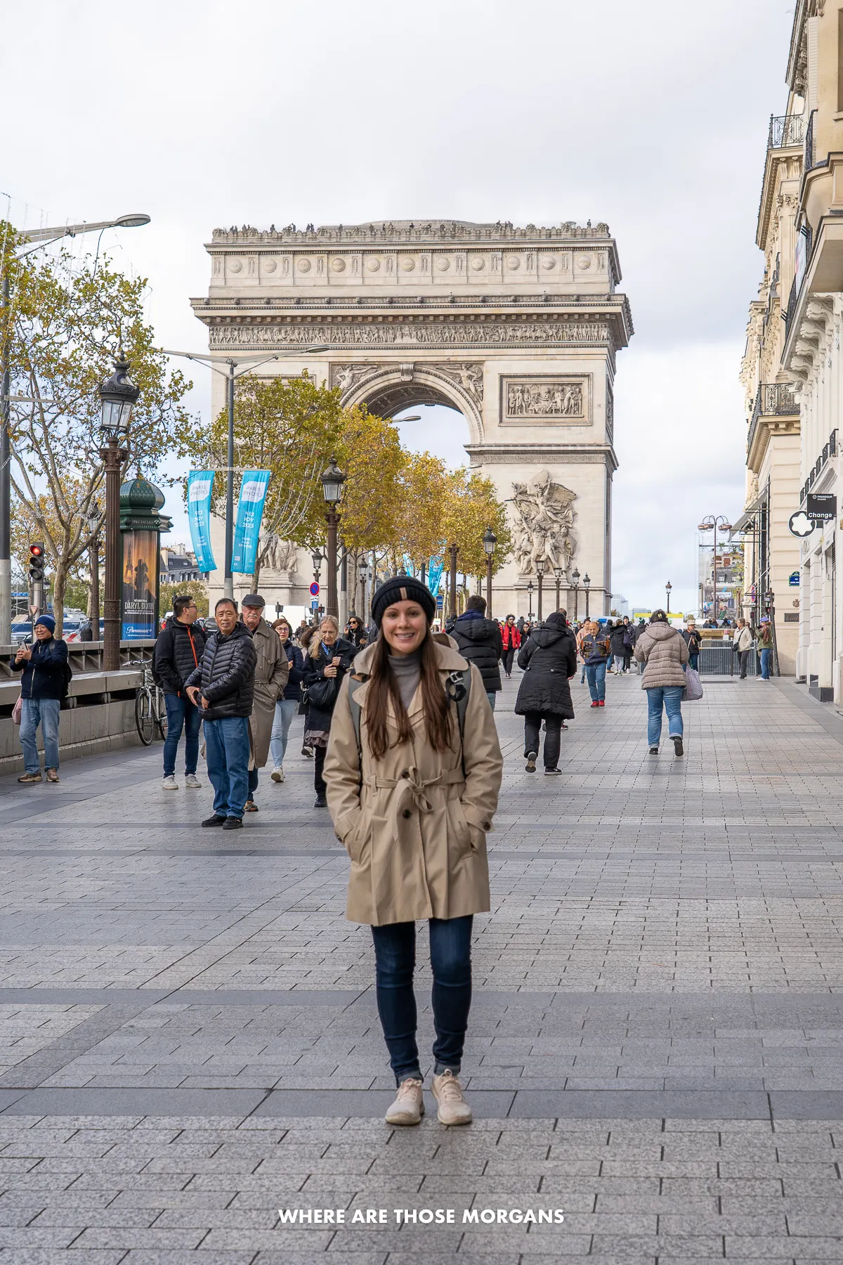 Photo of Kristen Morgan walking down the Champs-Elysees in Paris