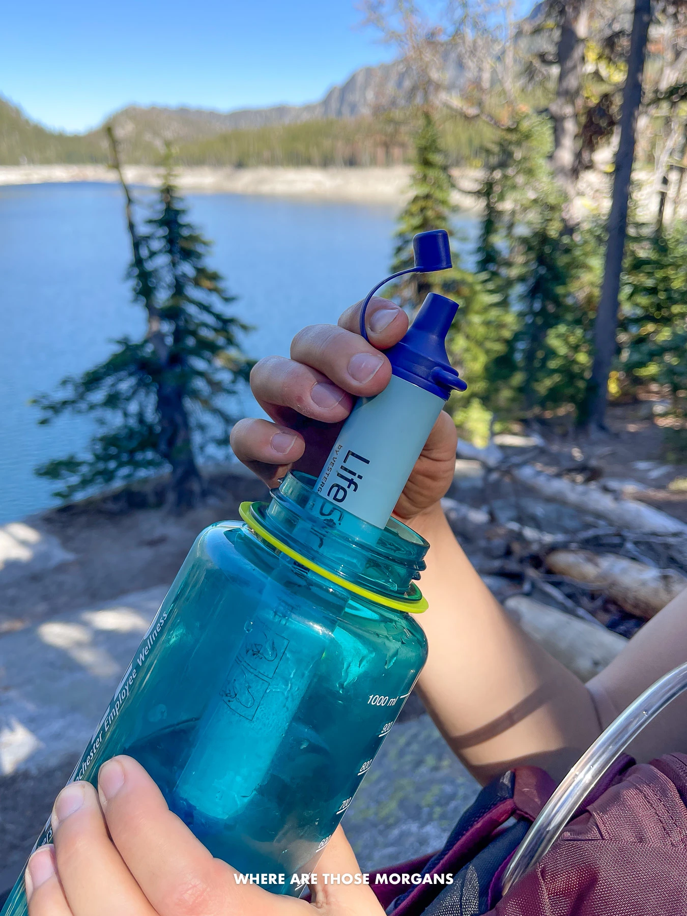 woman holding a LifeStraw in a blue Nalgene water bottle