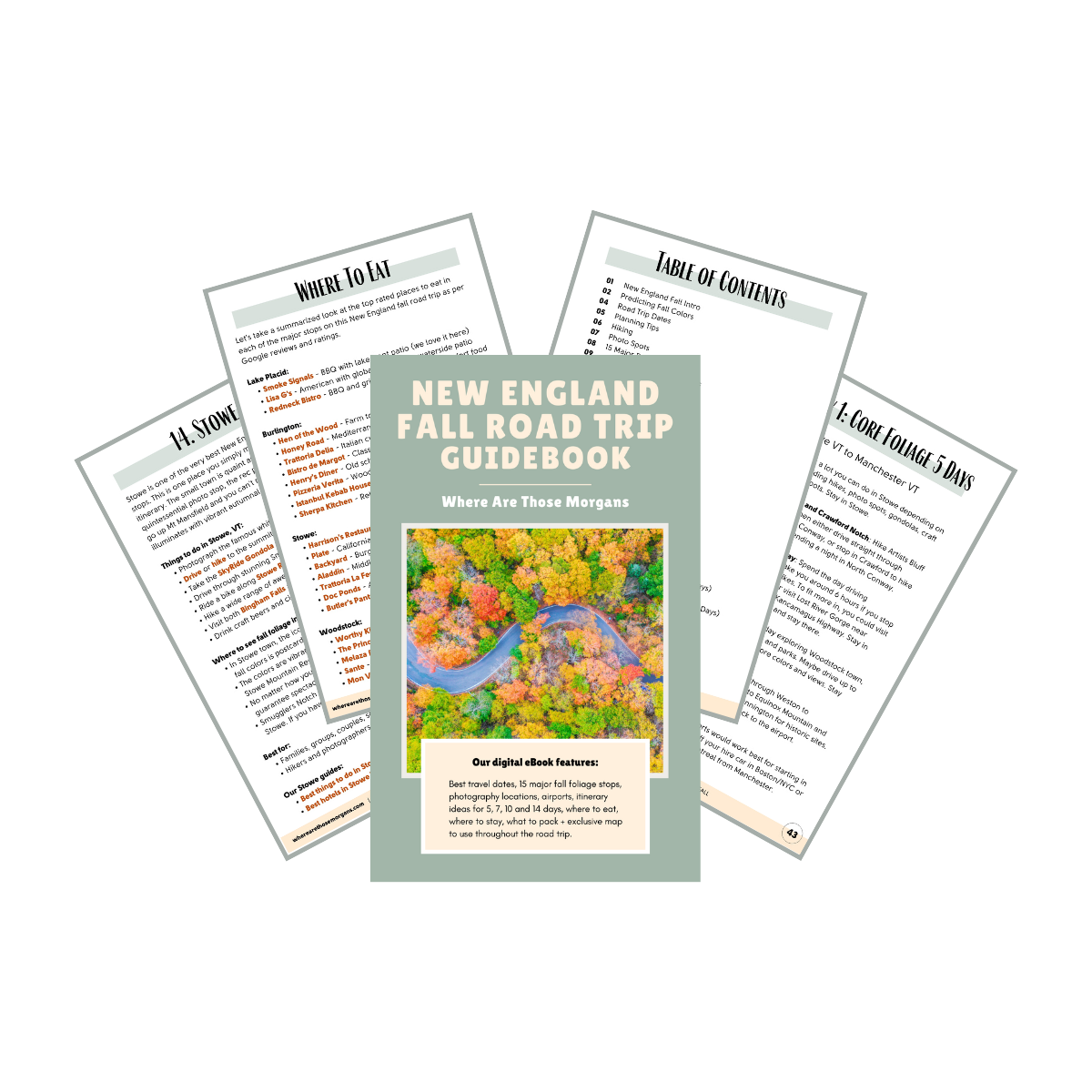 where are those morgans guidebooks front cover and 4 other pages from the Where Are Those Morgans New England Fall Road Trip downloadable itinerary