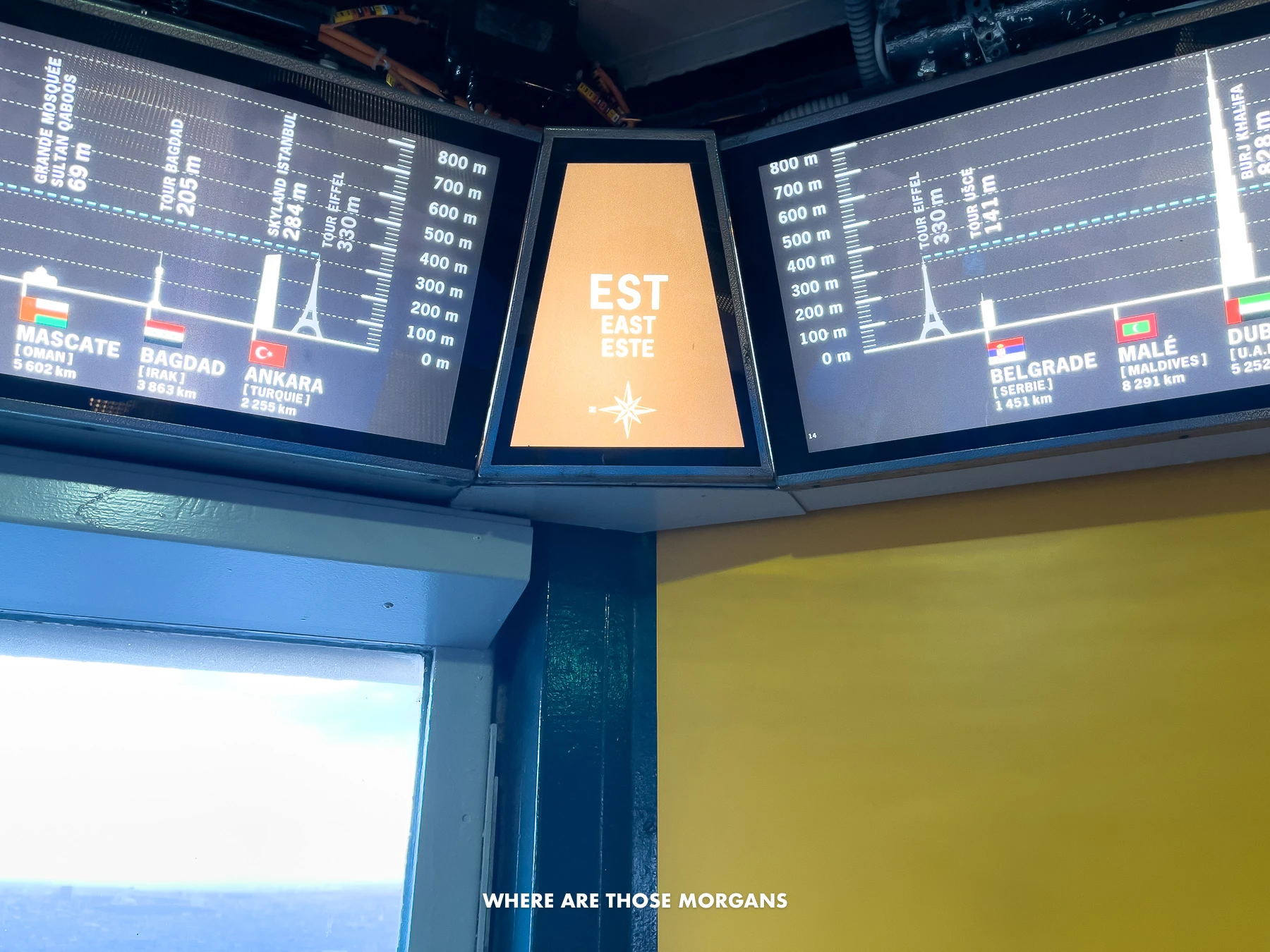 Looking east at a 360-degree map showing cities and world's tallest buildings