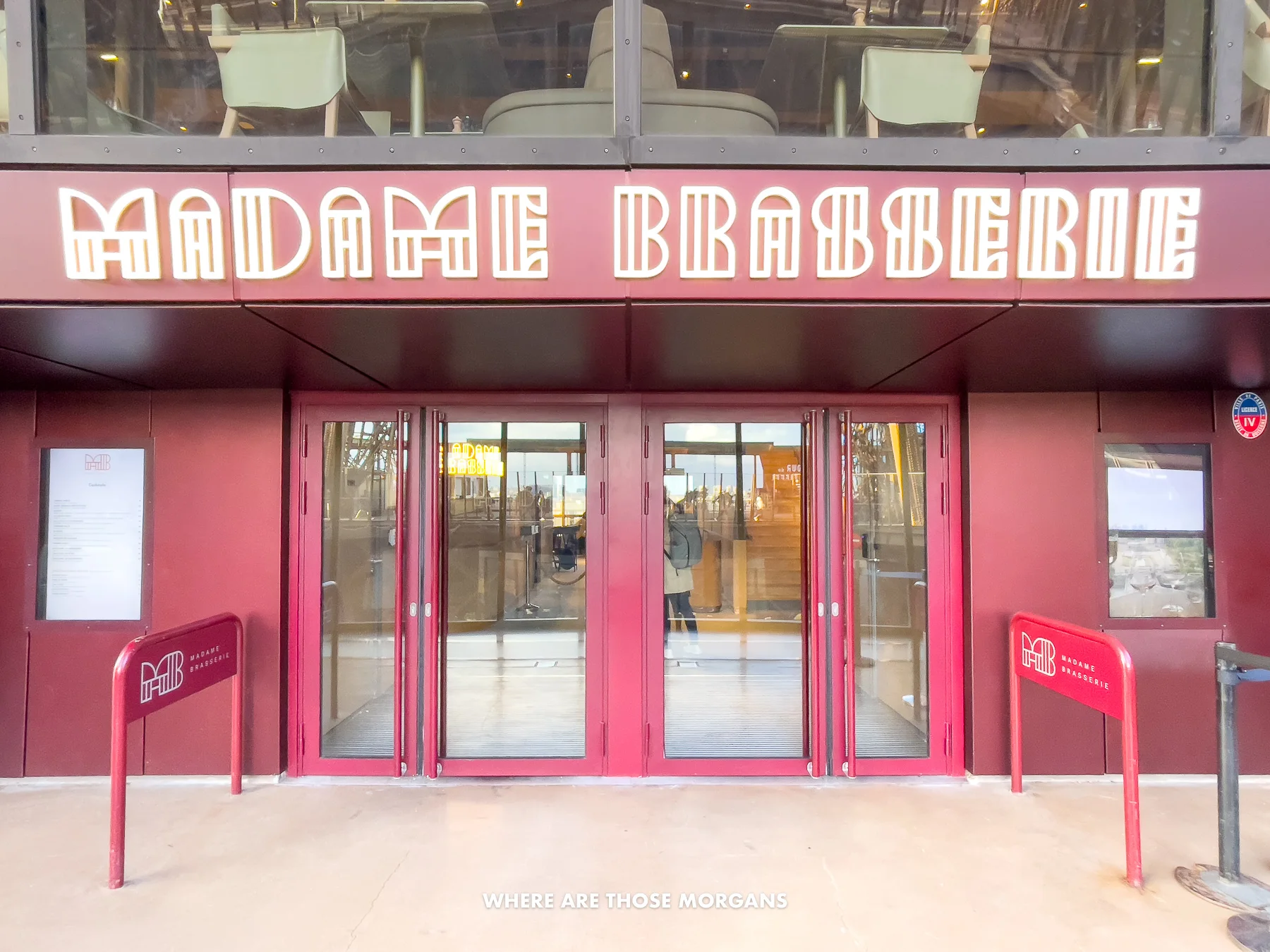 External view of the entrance to Madame Brasserie restaurant on the first floor of the Eiffel Tower in Paris