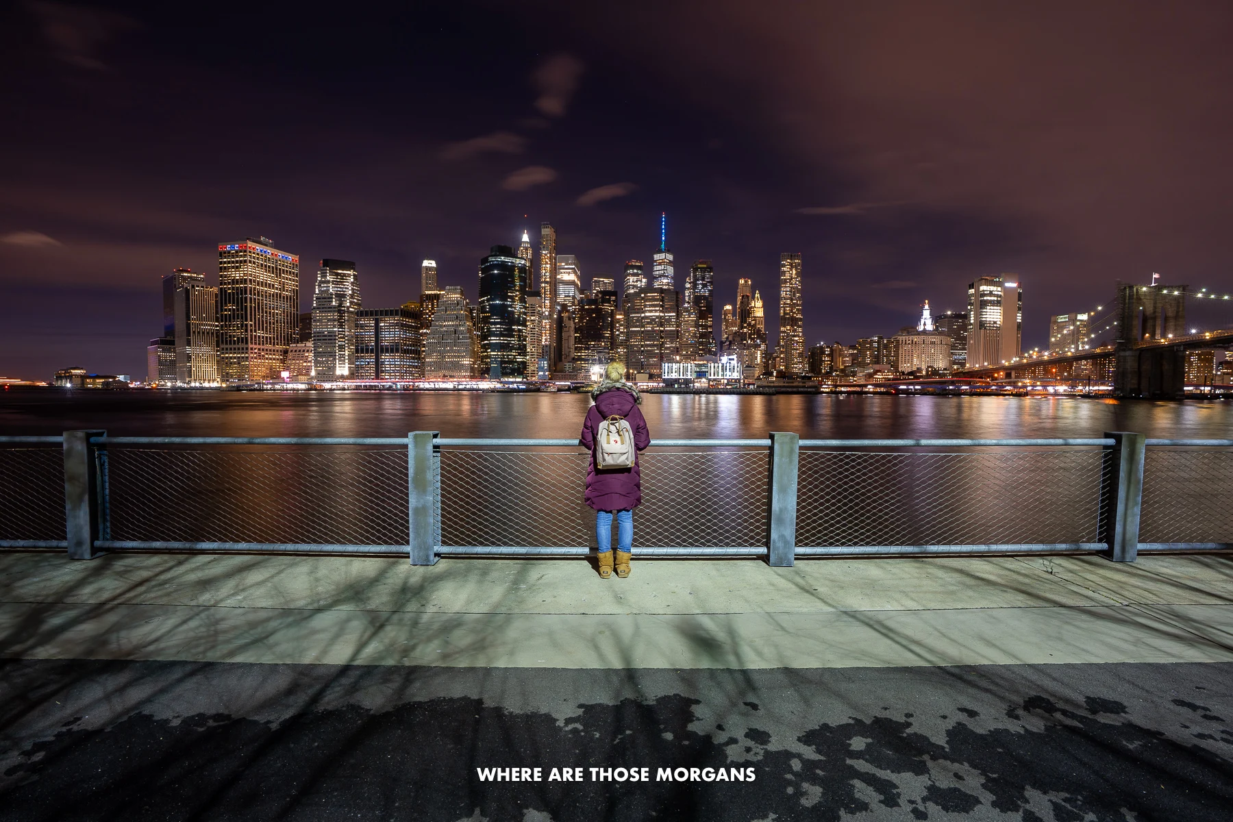 Kristen from Where Are Those Morgans standing in front of a fence on the banks of the East River in NYC with Lower Manhattan skyline views beyond lit up at night