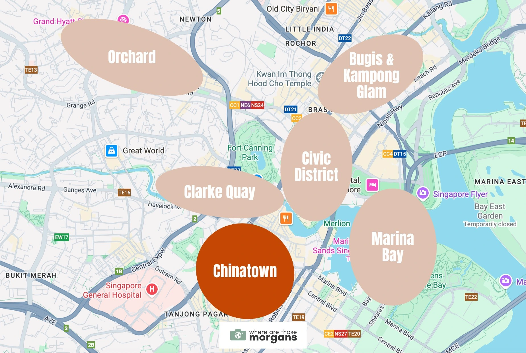 Map showing the Chinatown neighborhood within downtown Singapore