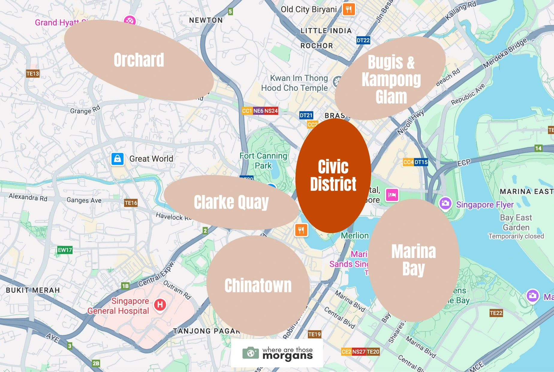 Map showing the Civic District neighborhood within downtown Singapore