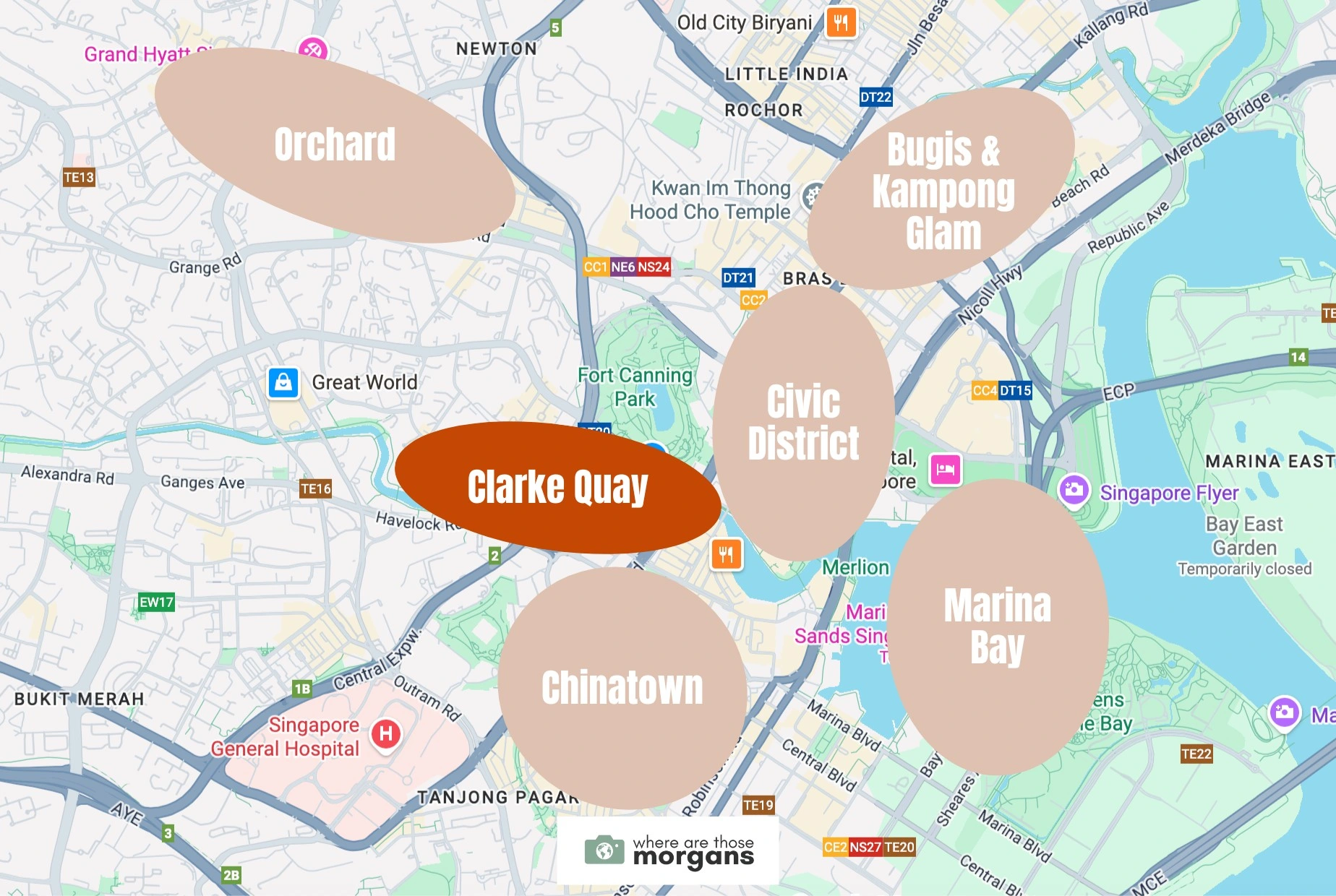 Map showing the Clarke Quay neighborhood within downtown Singapore