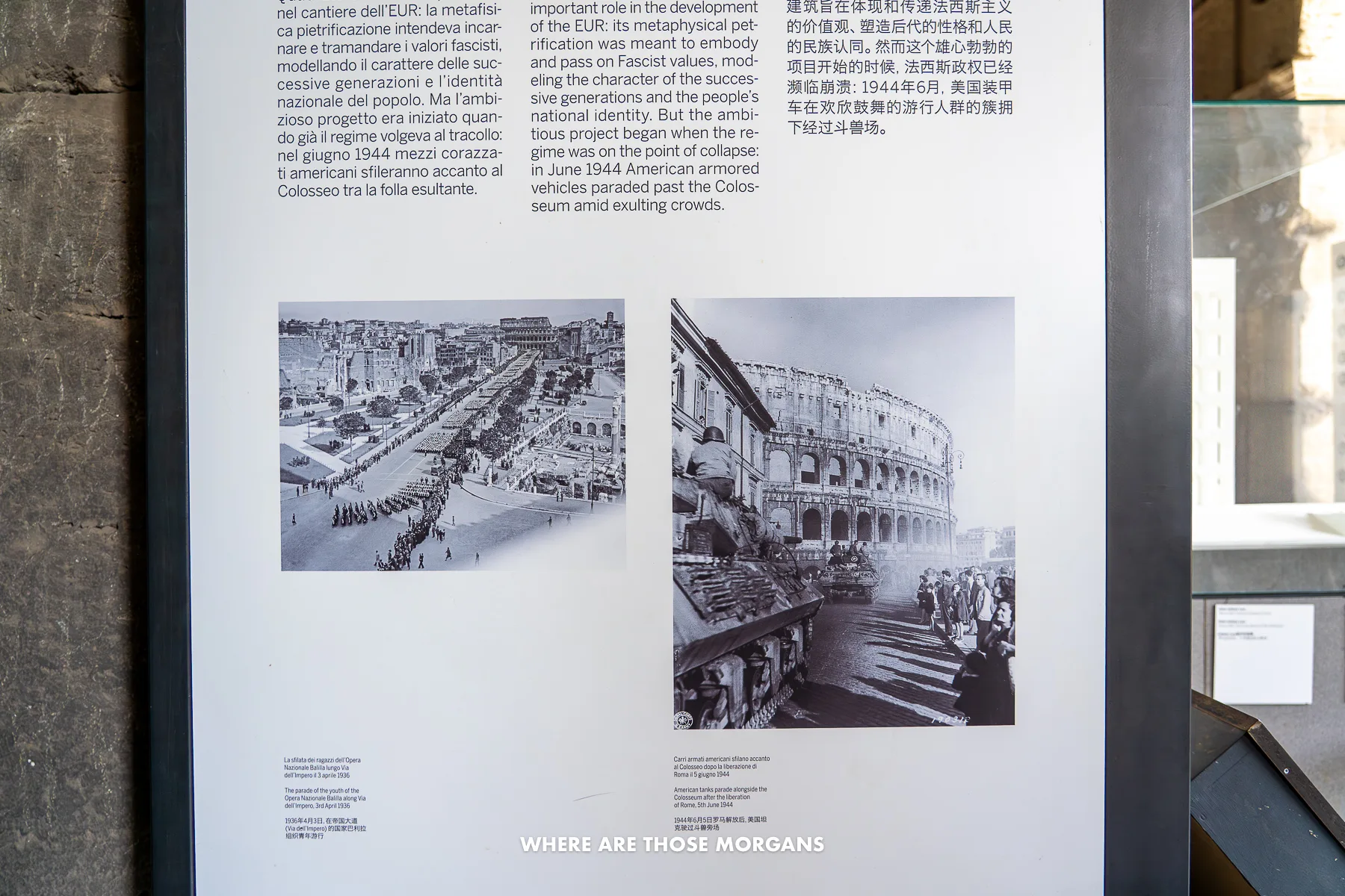 Information board with photos and descriptions inside a museum in a historic building in Italy