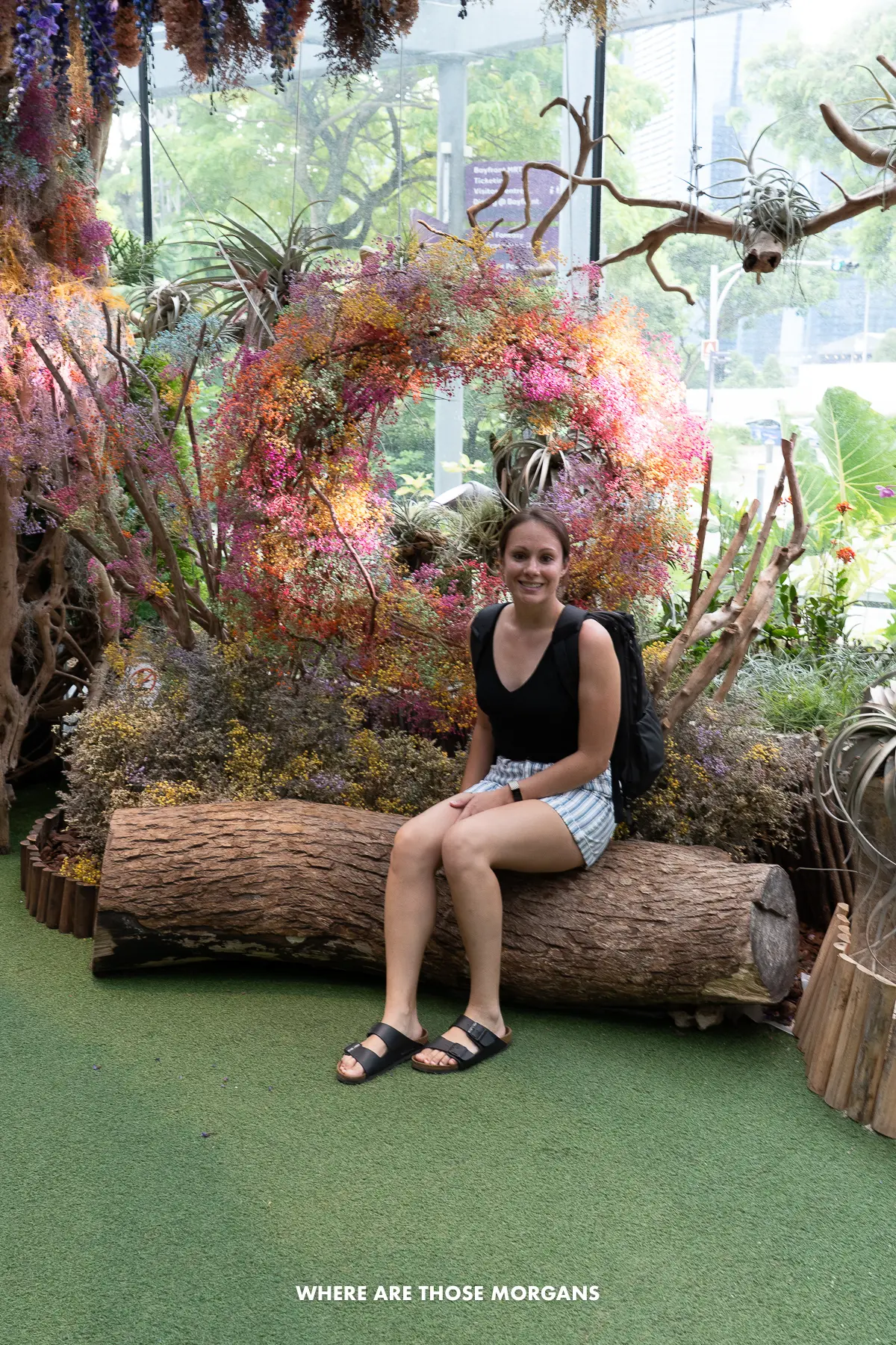 Kristen from Where Are Those Morgans sat on a log with floral displays behind in Singapore