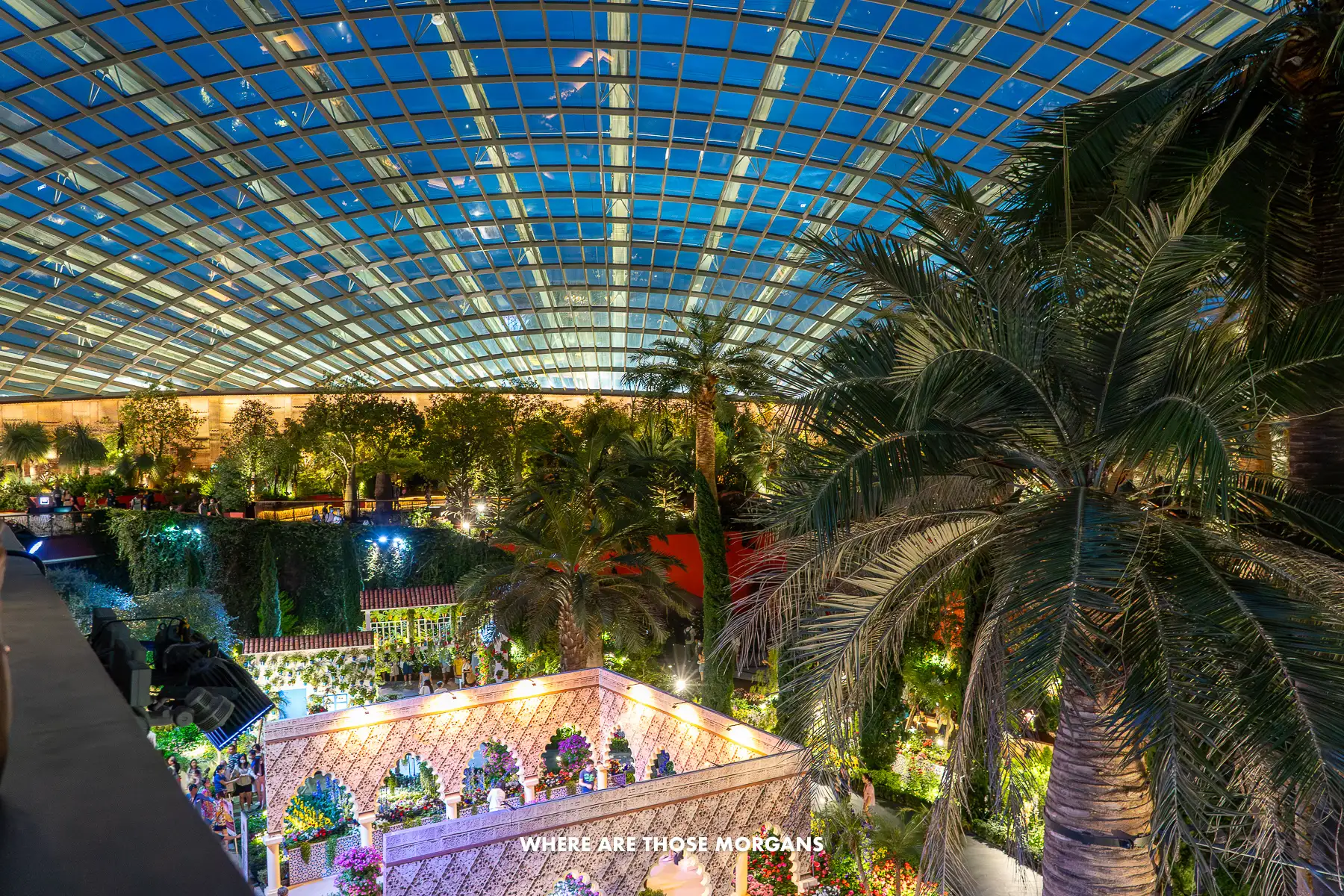 Inside a massive greenhouse at night with pristine manicured gardens and flowers below