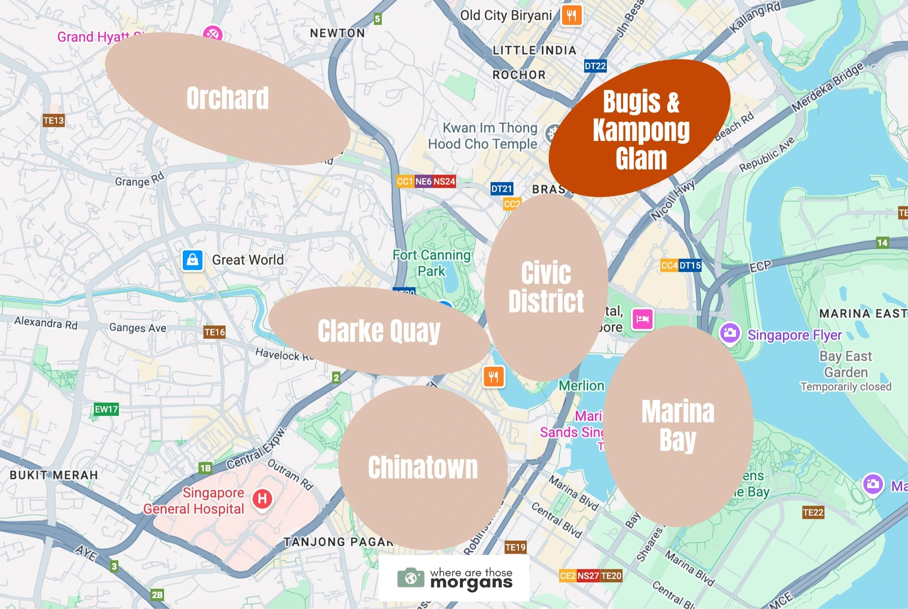 Map showing the Kampong Glam and Bugis neighborhood within downtown Singapore