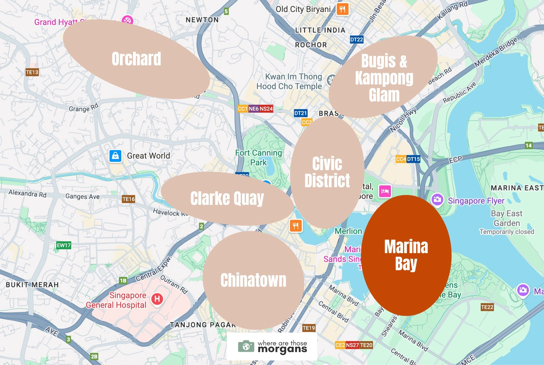 Map showing the Marina Bay neighborhood within downtown Singapore