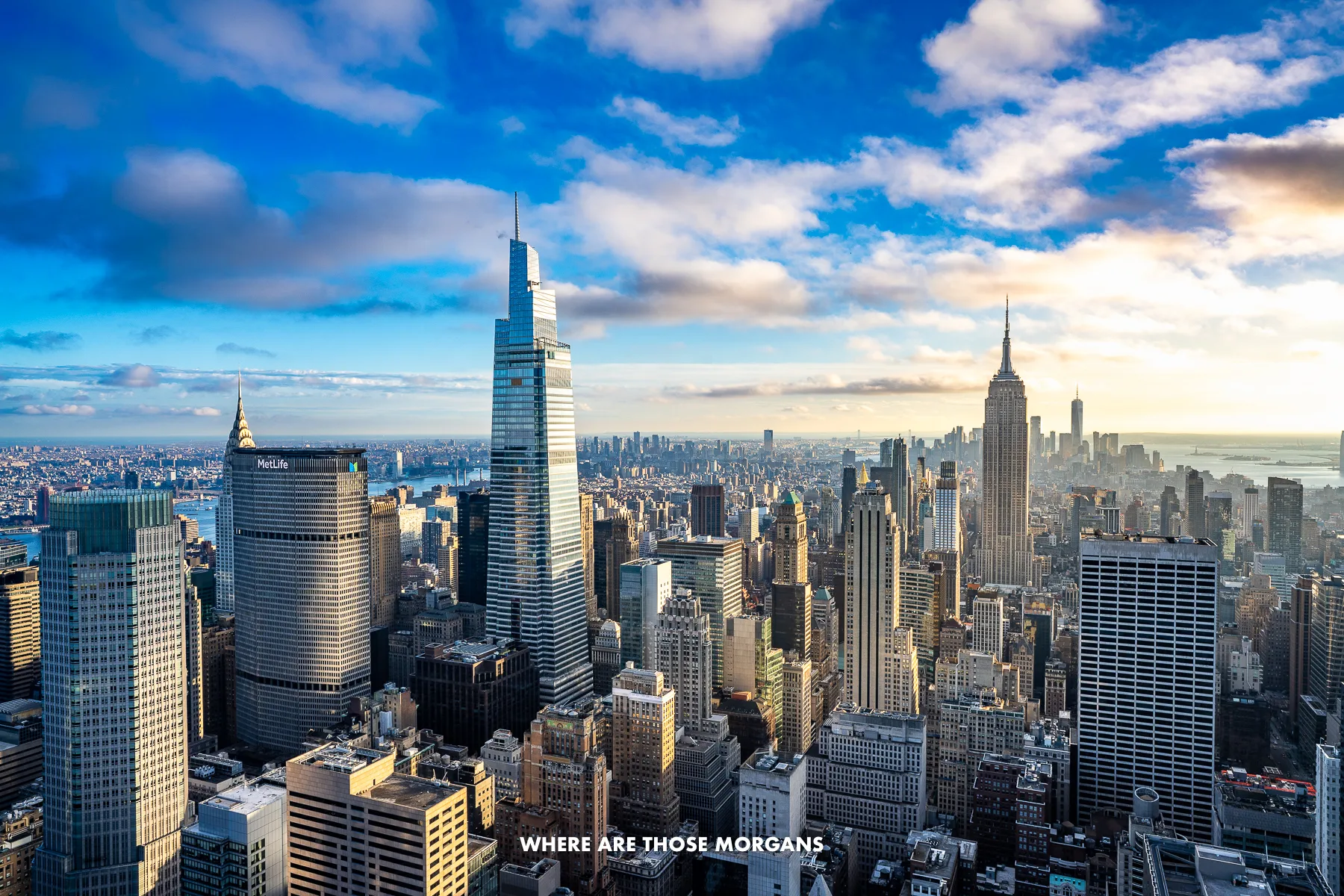 View over skyscrapers and skyline of Manhattan close to sunset