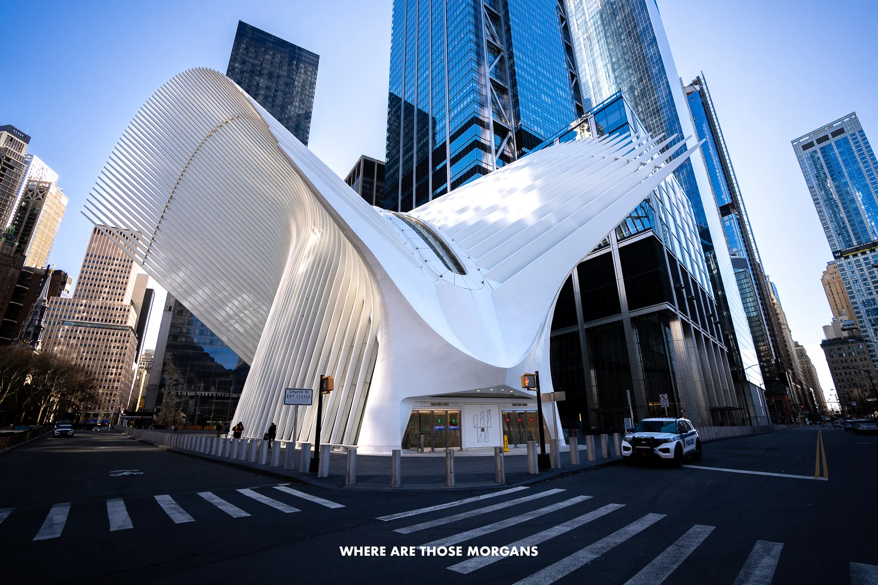 White dove-shaped building with interesting architecture surrounded by tall skyscrapers in Lower Manhattan New York