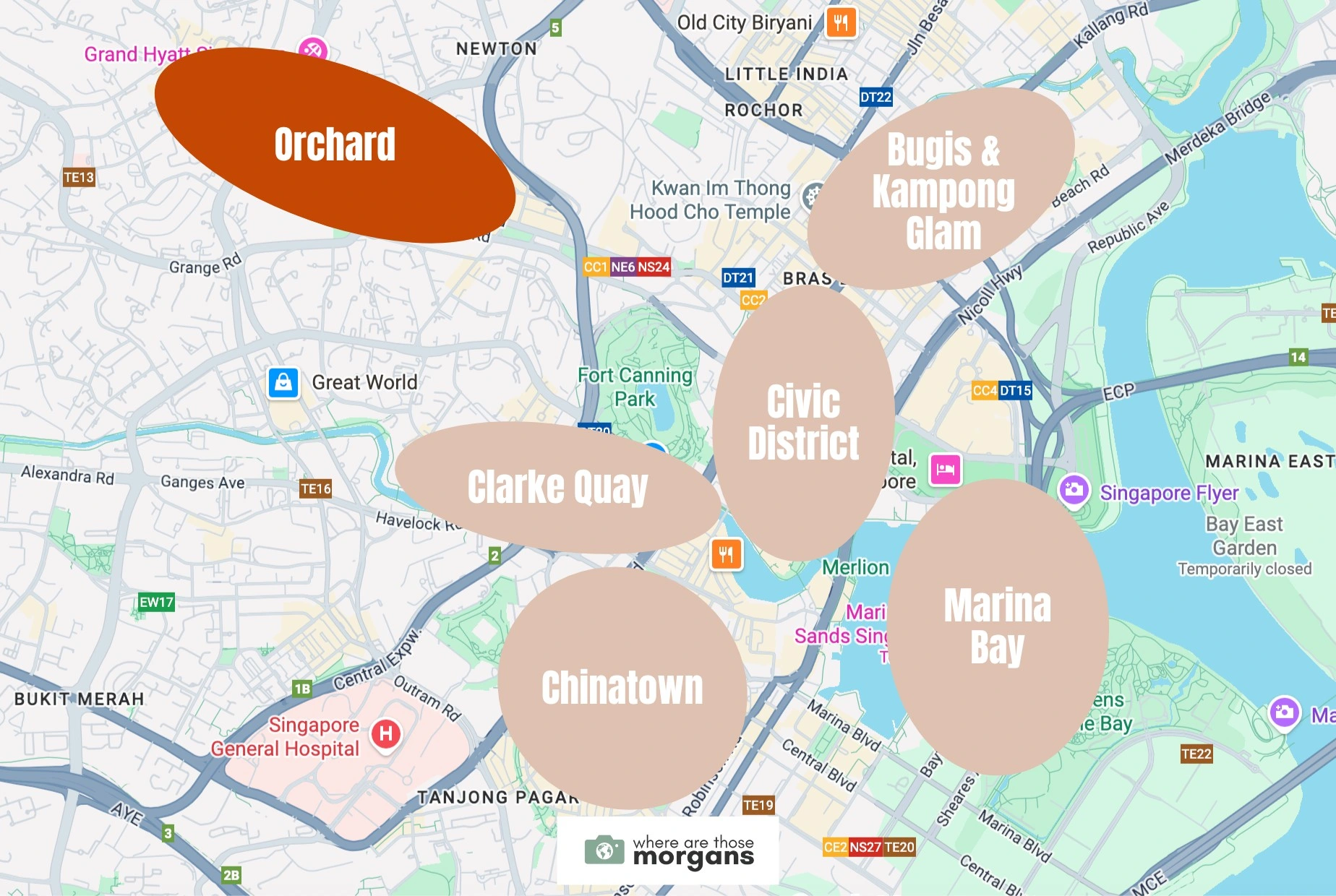 Map showing the Orchard neighborhood within downtown Singapore