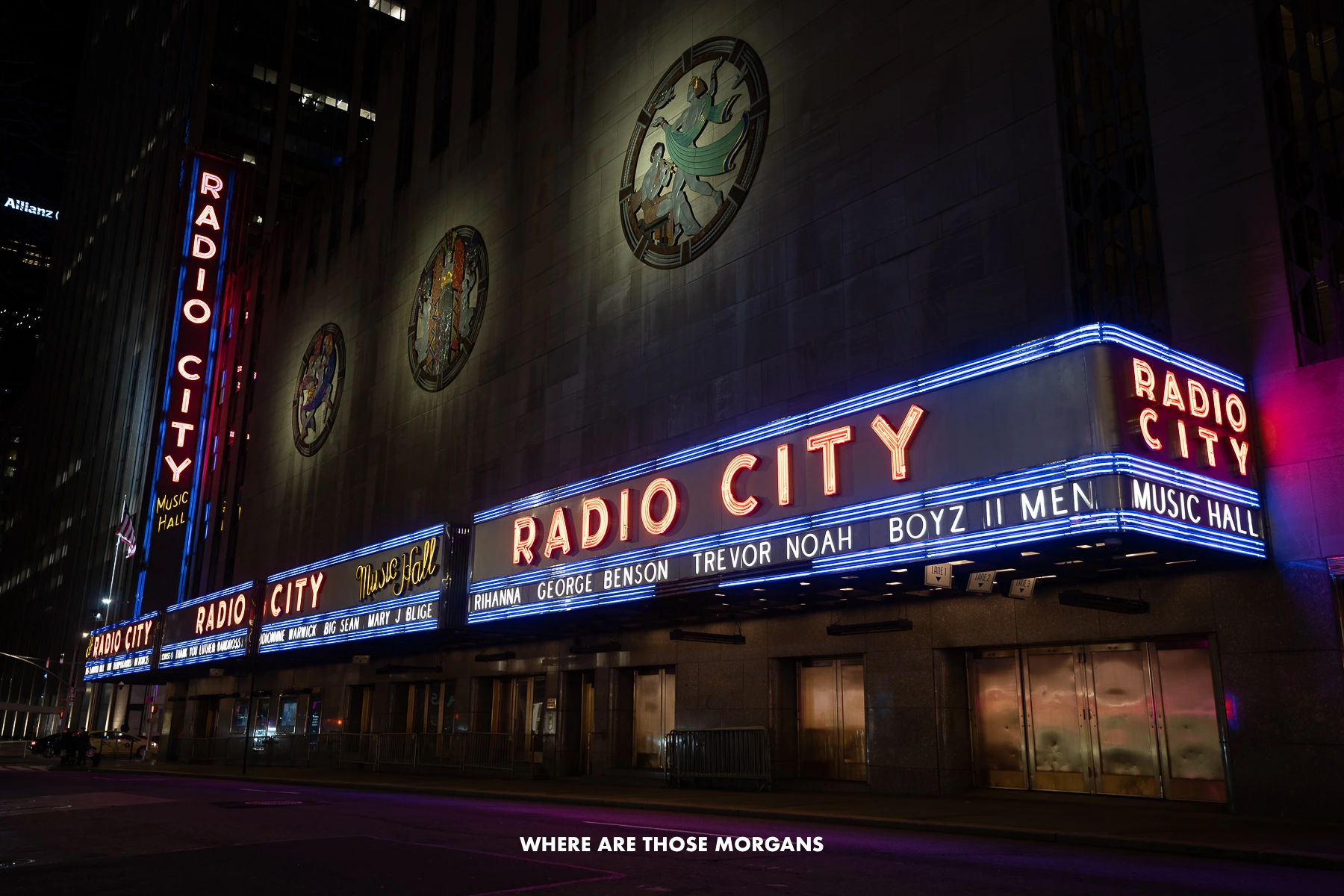 Outside Radio City in New York when it's lit up purple and orange at night