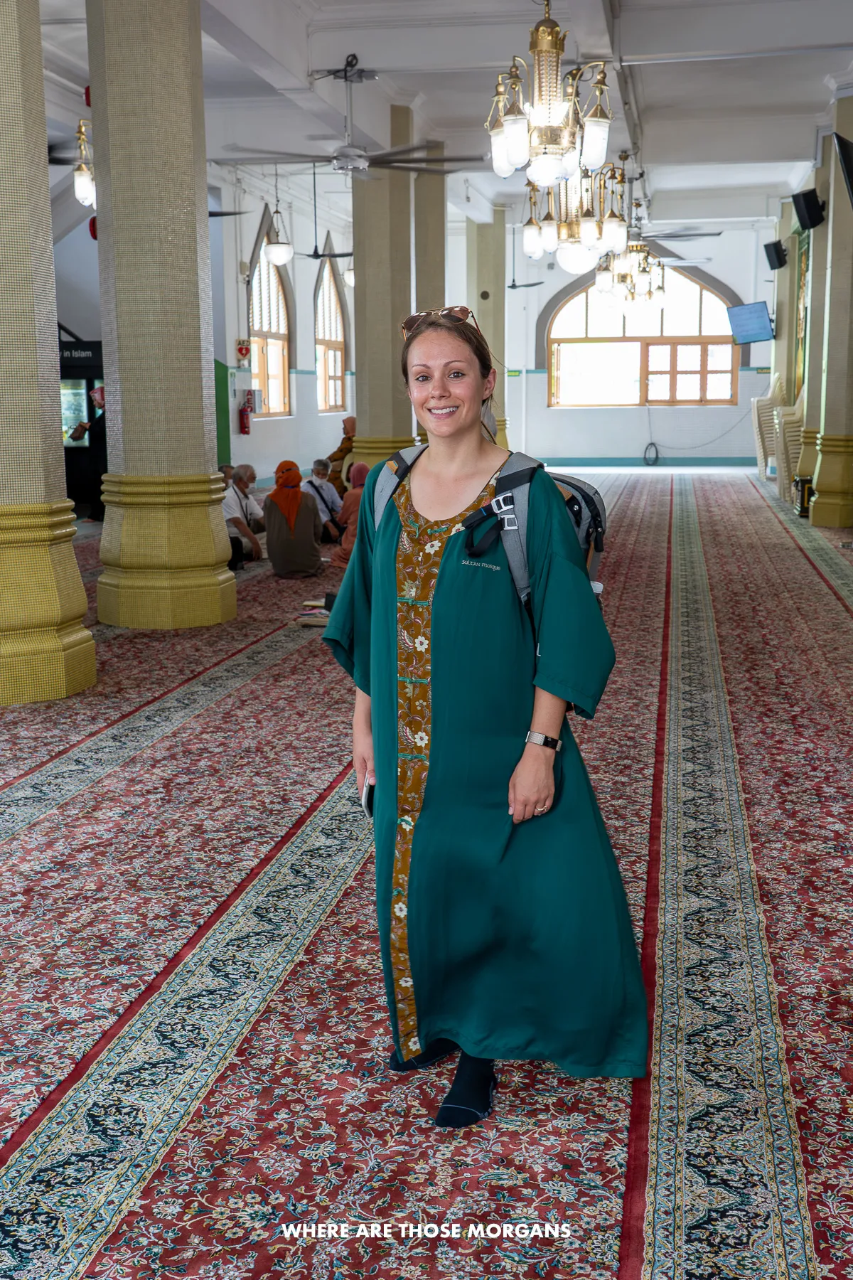 Kristen from Where Are Those Morgans wearing a coverup inside the Sultan Mosque in Kampong Glam