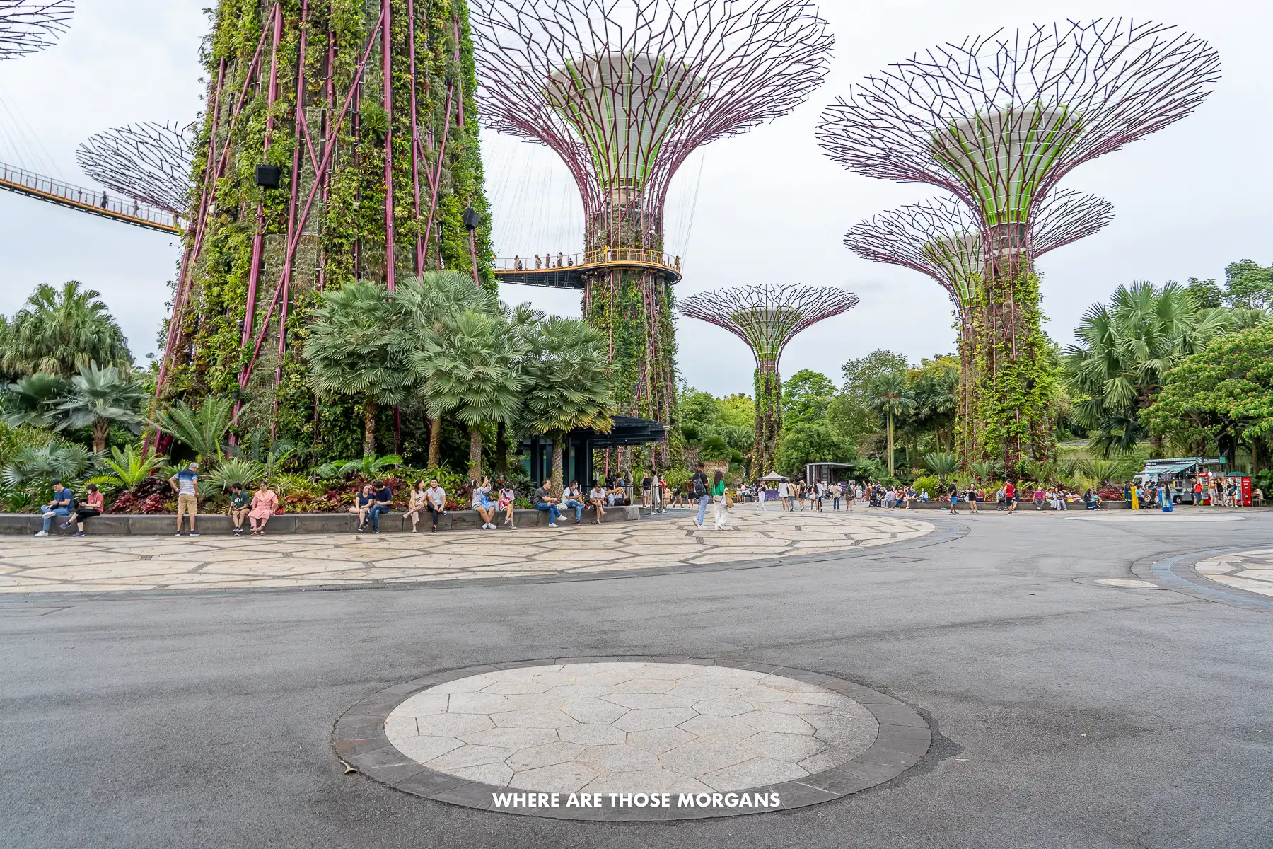 Tourists sat at the base of tall fake trees in a wide open plaza-like area