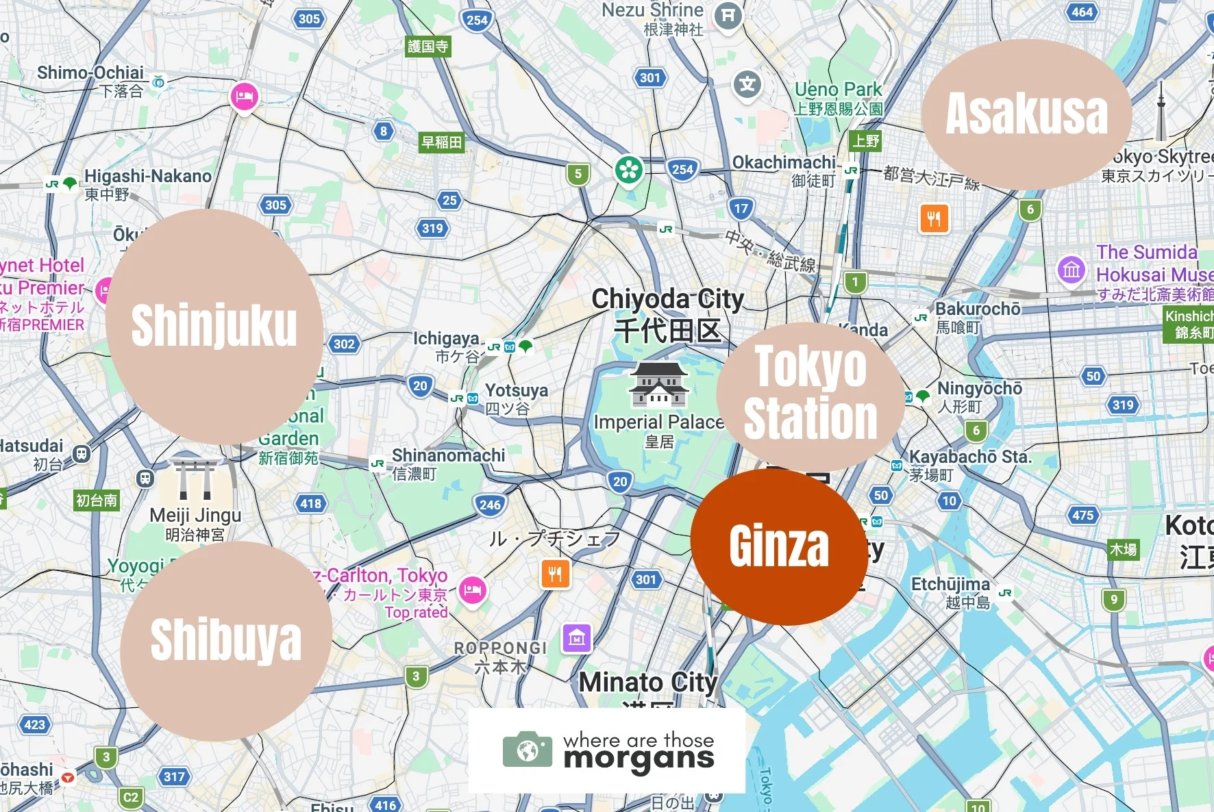Map showing the location of the popular Ginza neighborhood within Tokyo