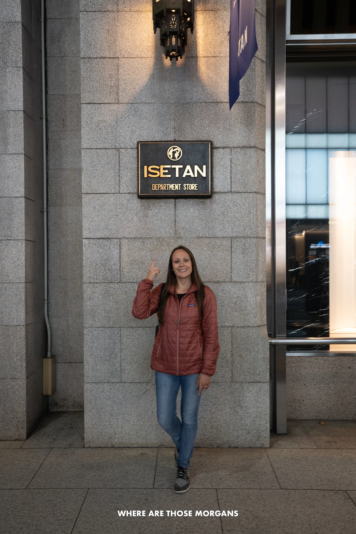 Kristen from Where Are Those Morgans outside the entrance to Isetan in Shinjuku