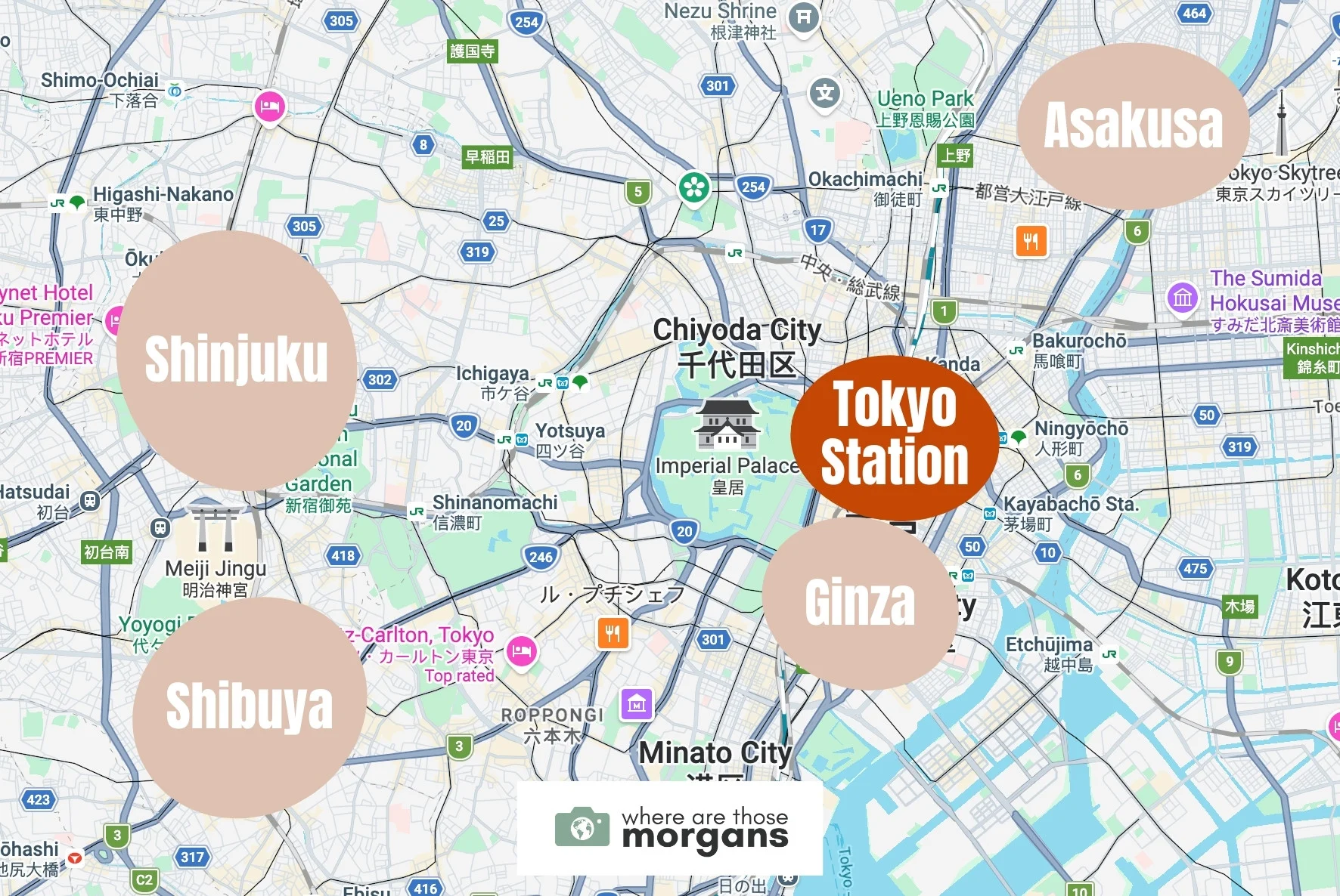 Map showing the location of the Tokyo Station or Marunouchi neighborhood within Tokyo
