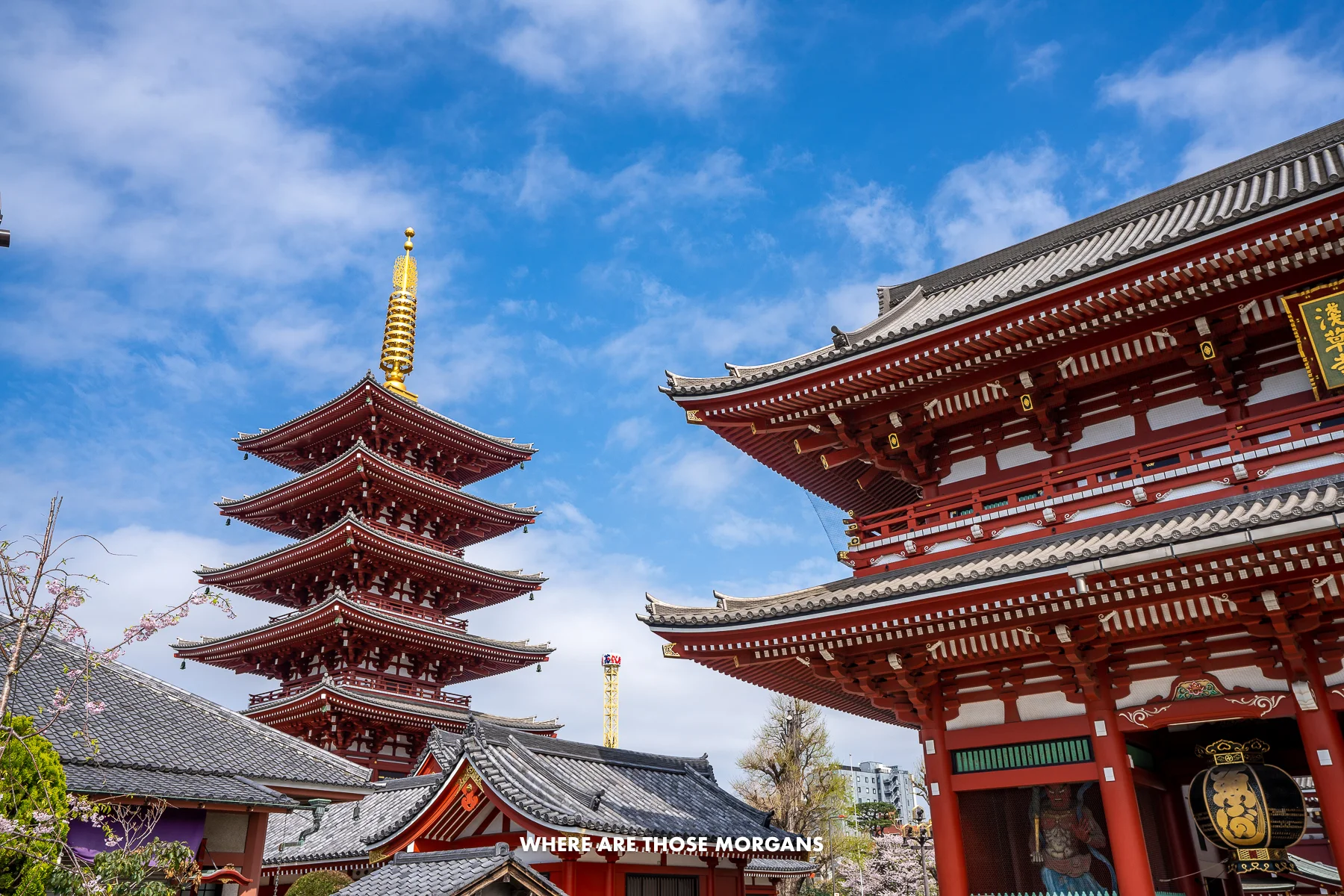 Senso-ji Temple and five story pagoda in Tokyo on a clear sunny day with blue sky