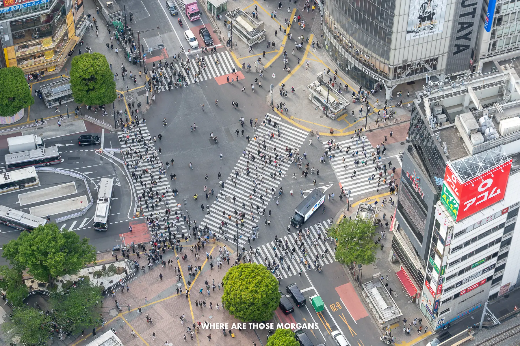 Looking down over Shibuya Scramble Crossing from high above with people looking tiny as they cross the pedestrian crossings
