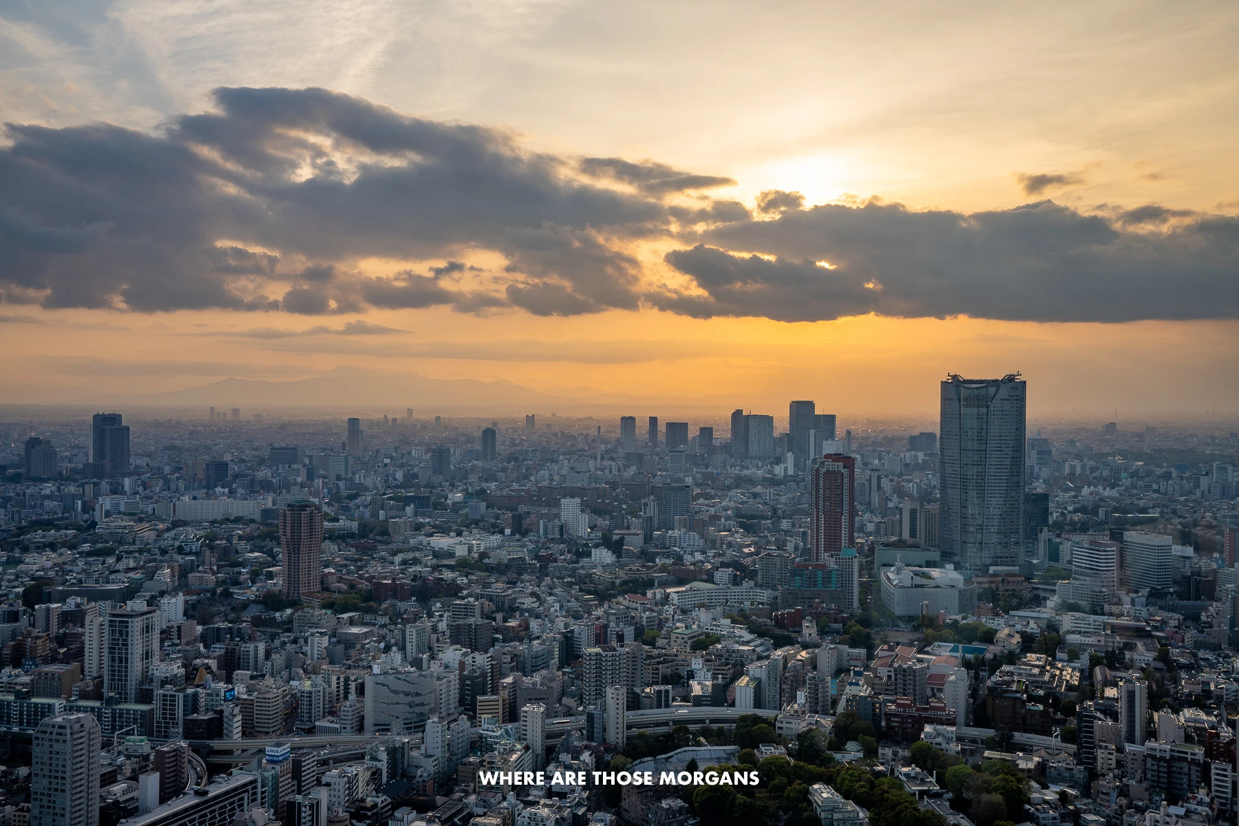 The city of Tokyo at sunset with clouds in the sky and a dim yellow sun hidden behind