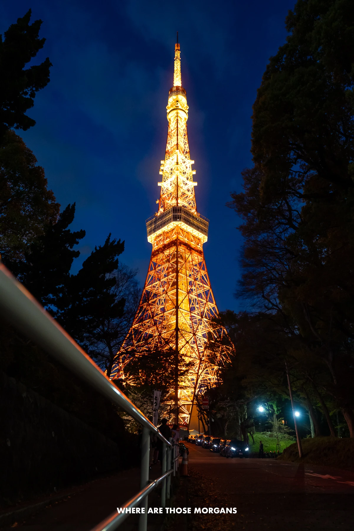 The Tokyo Tower lit up orange against a dark night sky from down a road with a railing