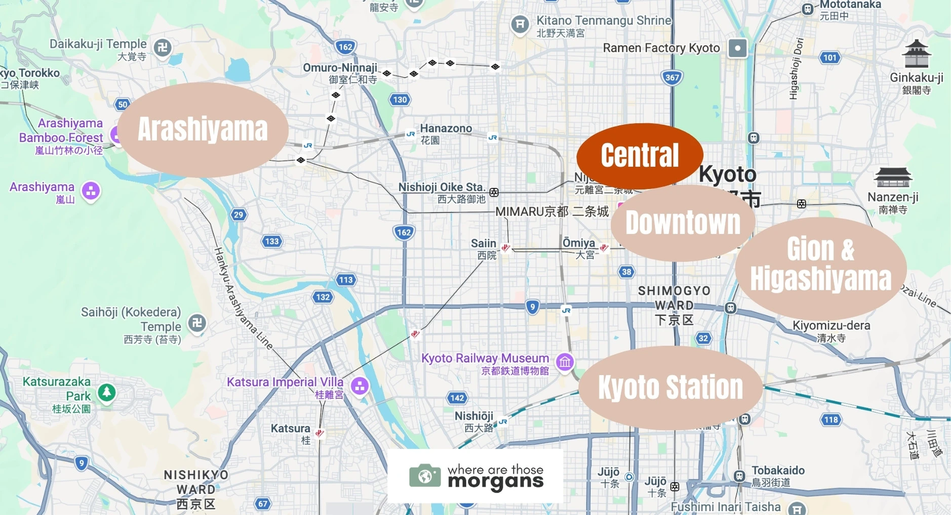 Map showing the location of Central Kyoto within the city