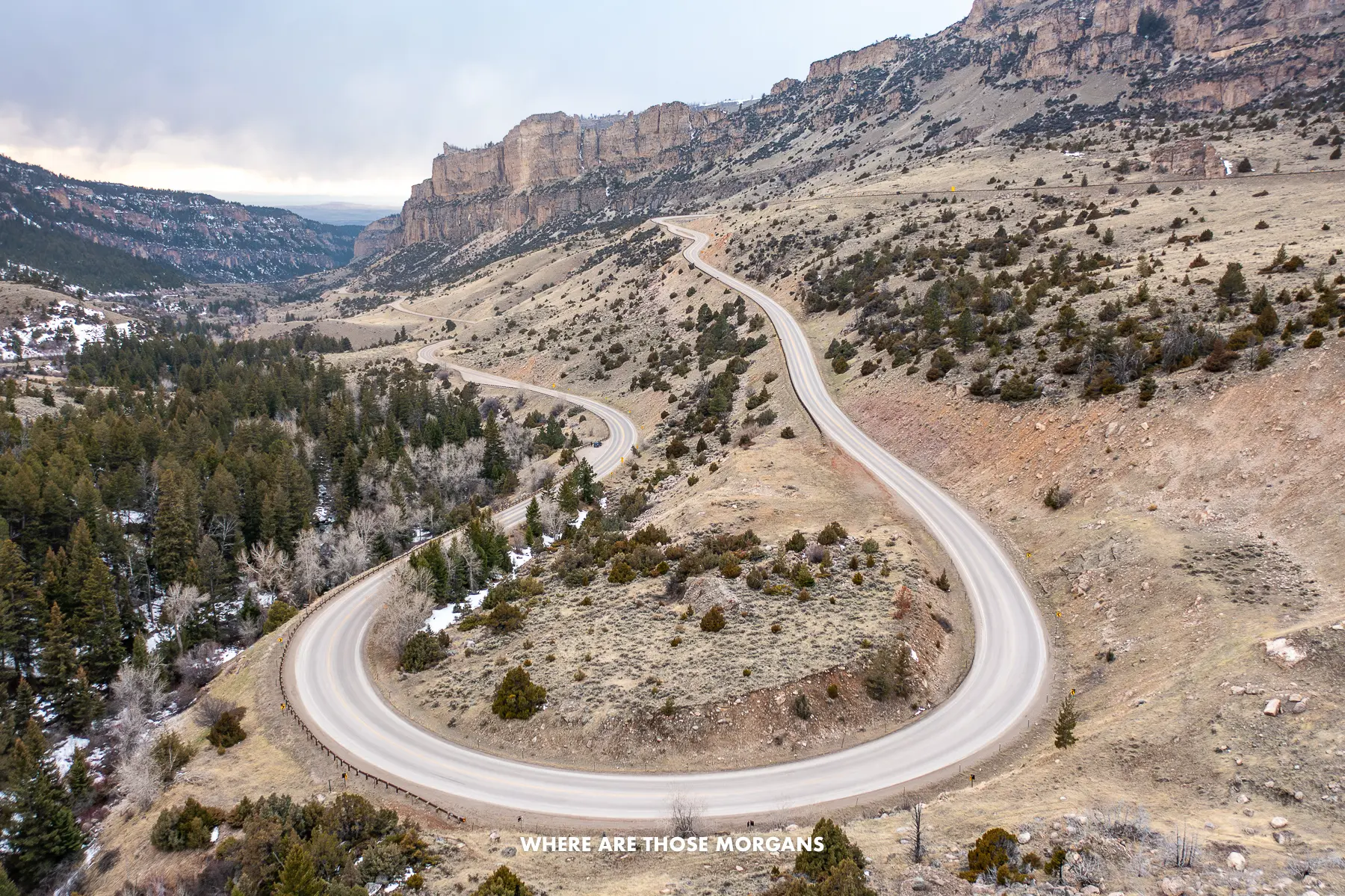 Drone photo of a curving hairpin bend on Cloud Peak Skyway in Wyoming's Bighorn Mountains