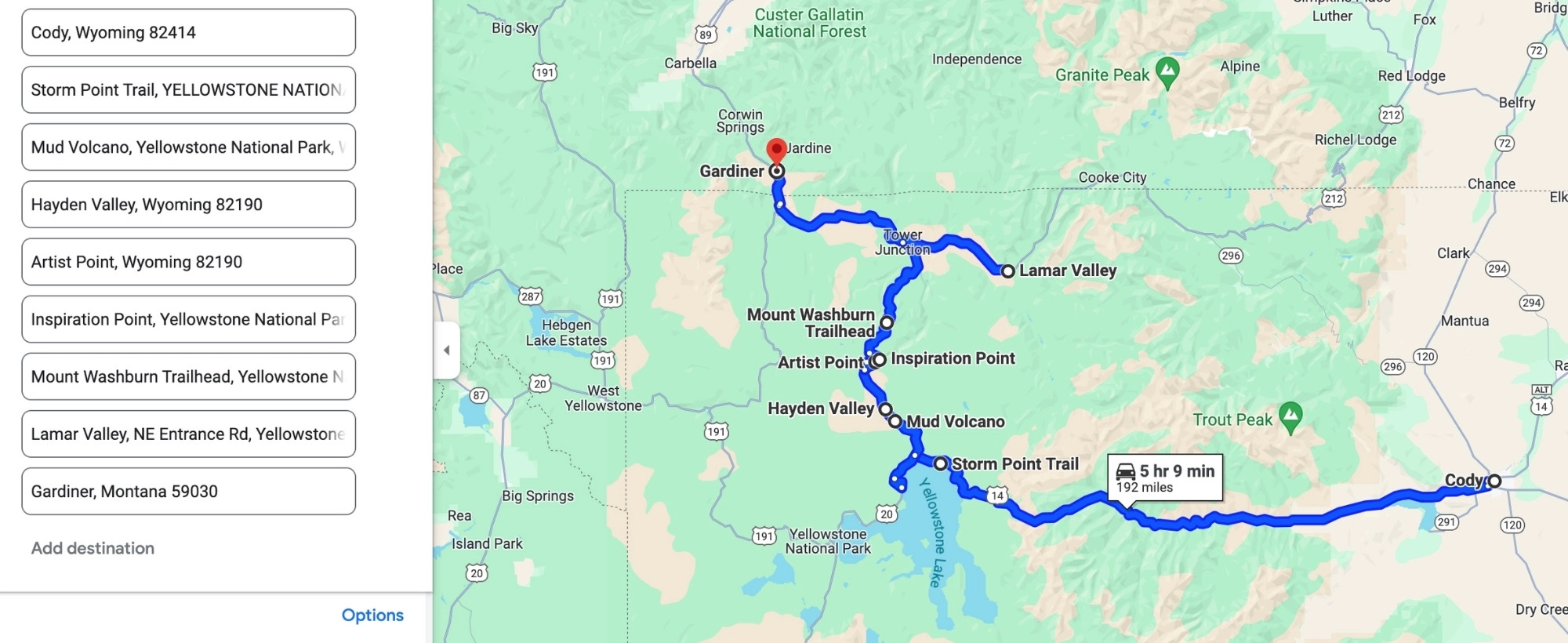 Map showing a driving route from Cody WY to Gardiner MT