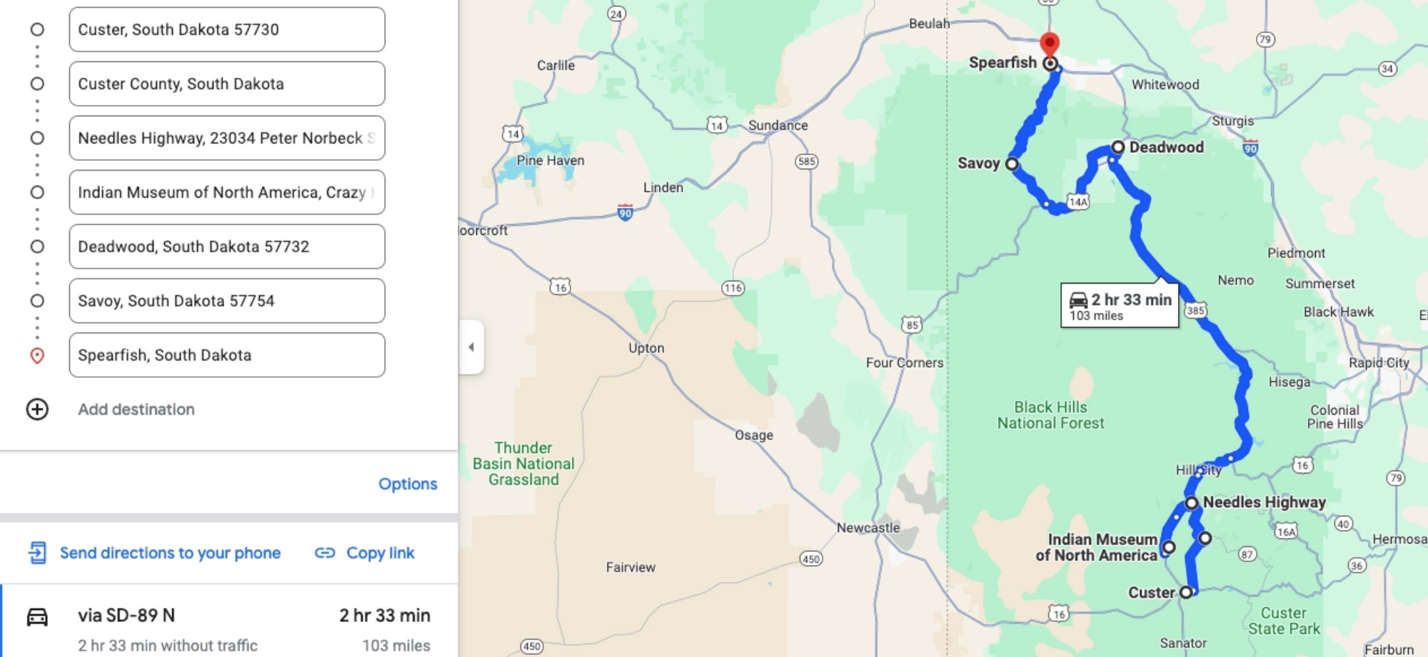 Map showing a driving route from Custer to Spearfish in South Dakota