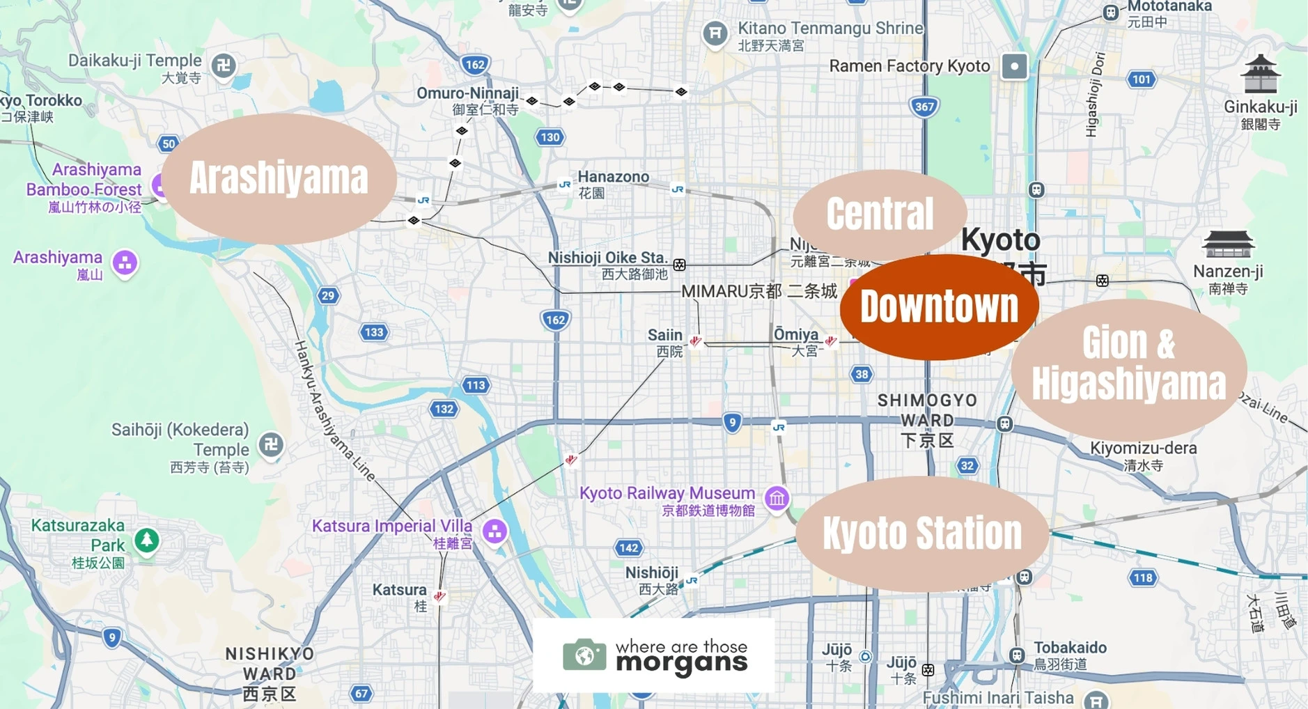 Map showing the location of the Downtown neighborhood within Kyoto