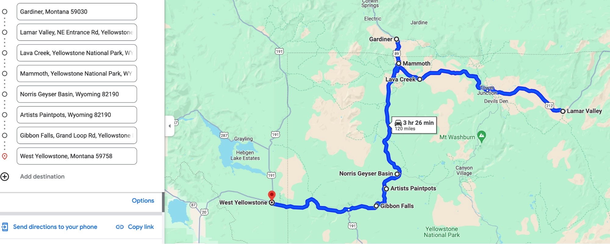 Map showing a driving route from Gardiner MT to West Yellowstone WY