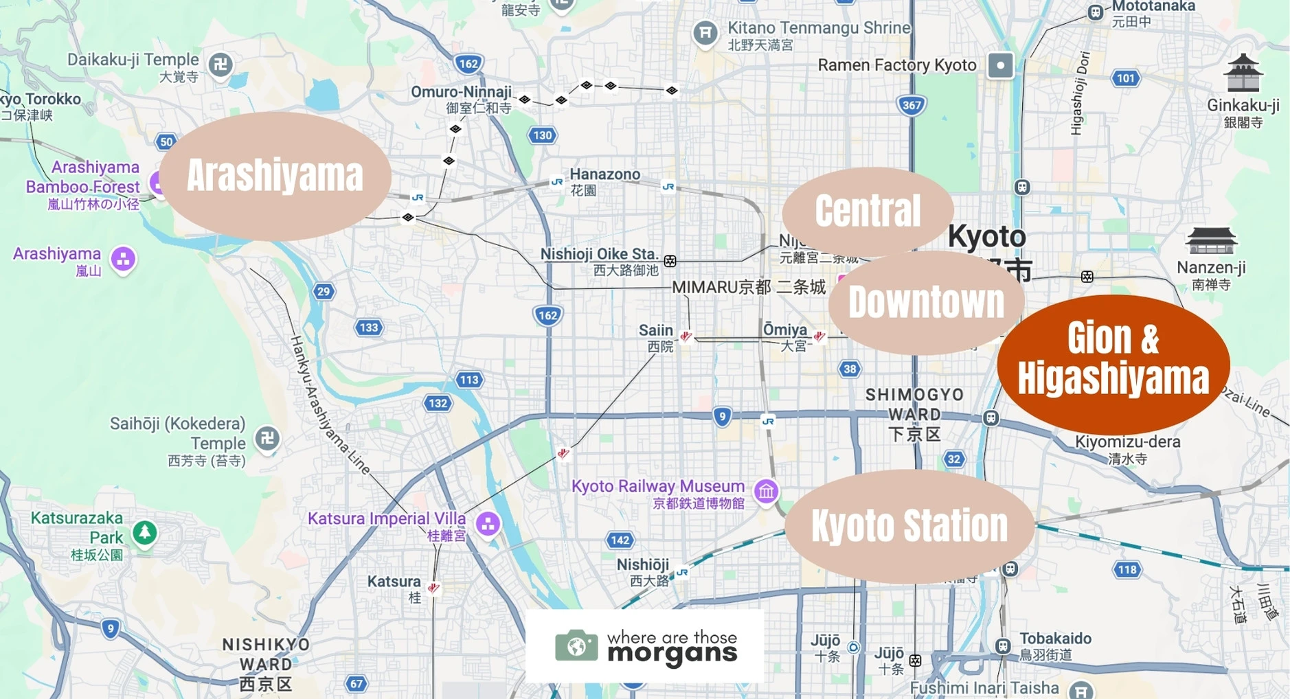Map showing the location of southern Higashiyama within Kyoto, including the Gion and Kiyumizo districts