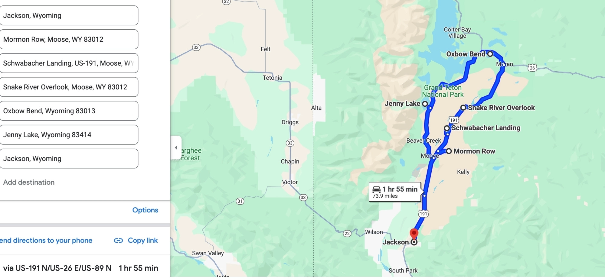 Map showing a driving route through Grand Teton round trip from Jackson WY