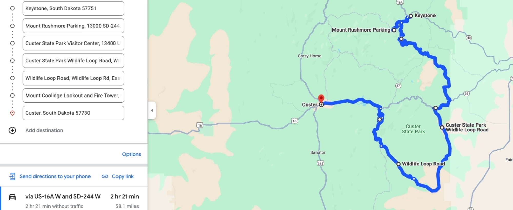 Map showing a driving route from Keystone to Custer in South Dakota