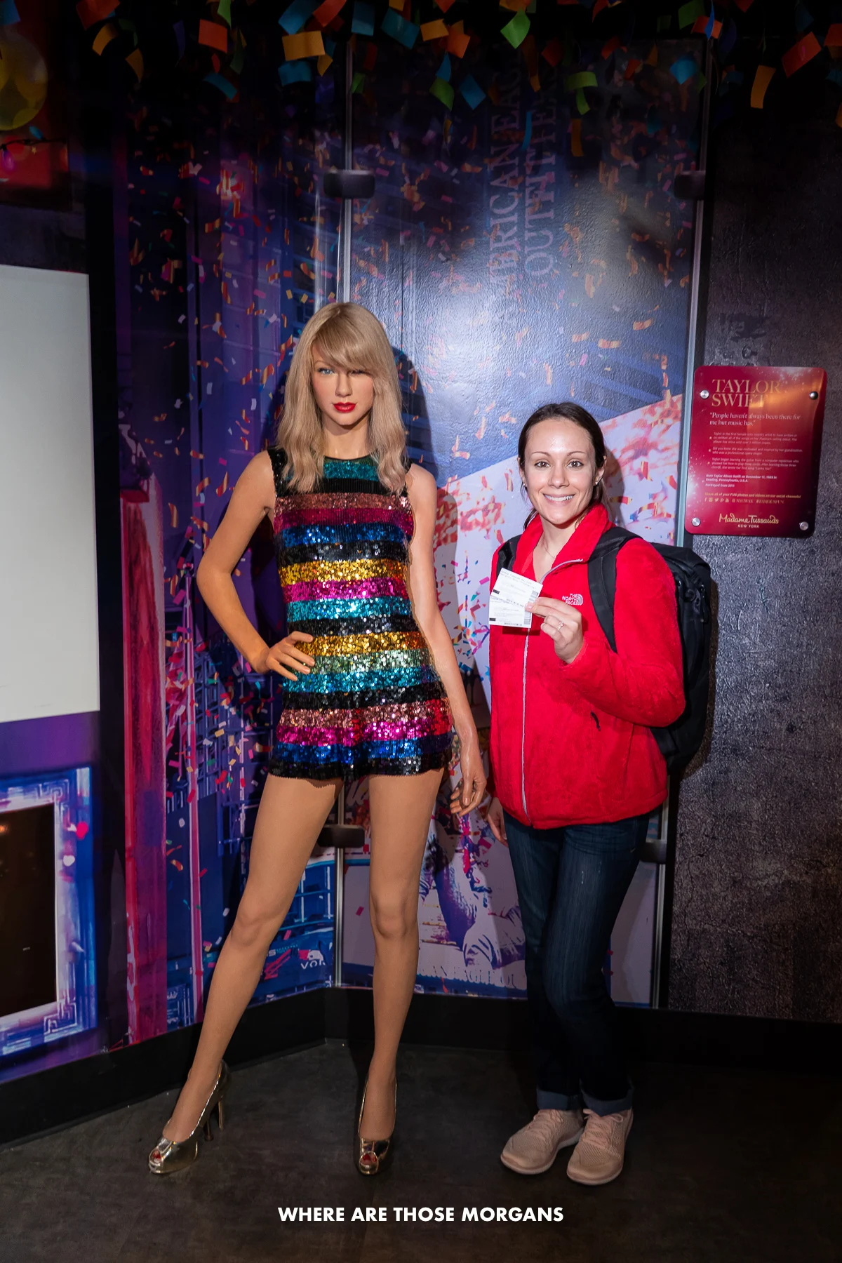 Kristen from Where Are Those Morgans standing next to a wax model of Taylor Swift at Madame Tussauds