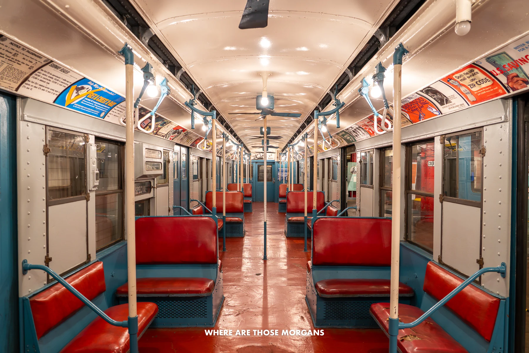 The inside of an old subway train in Brooklyn